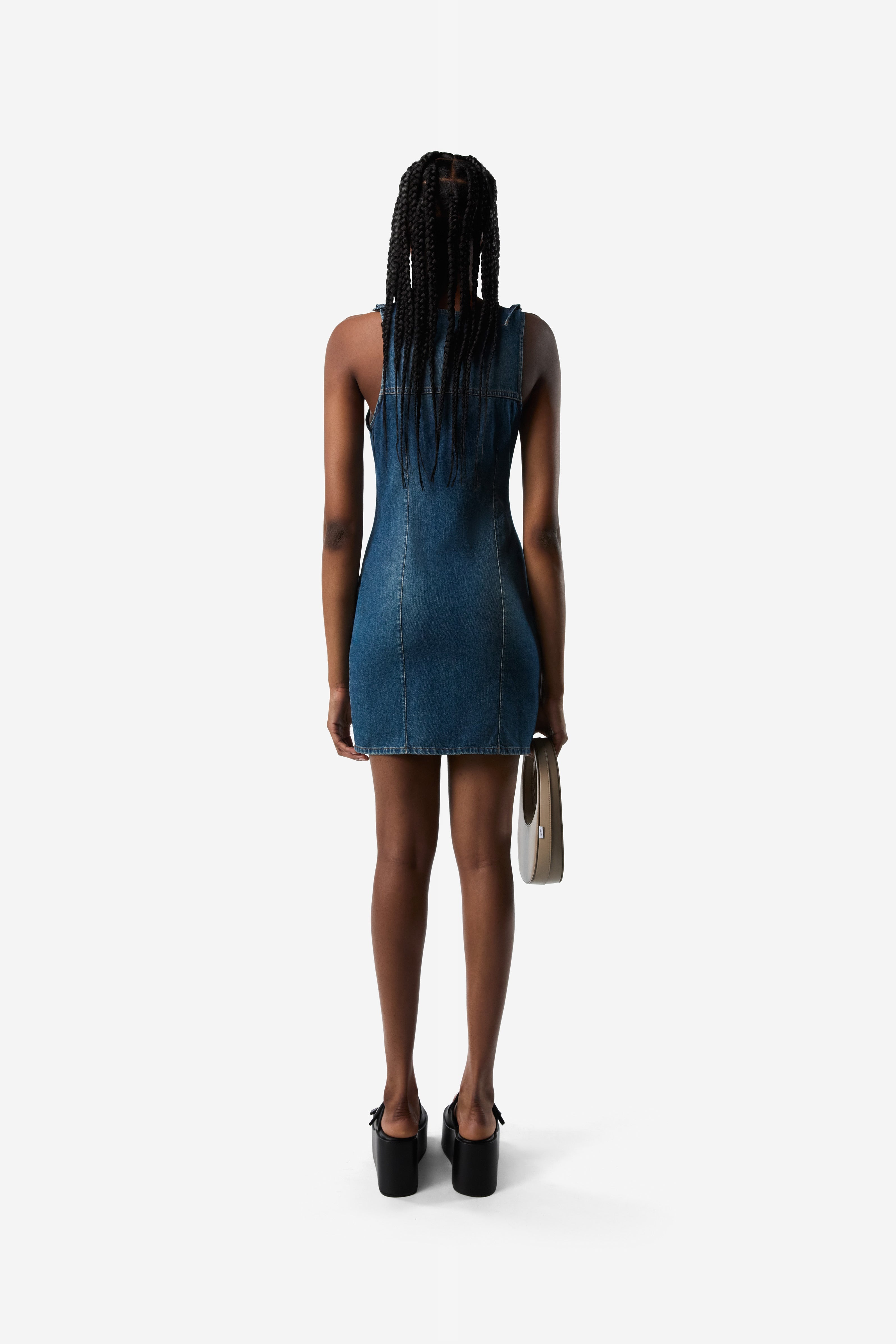 Denim Asymmetric Flower Mini Dress - 4