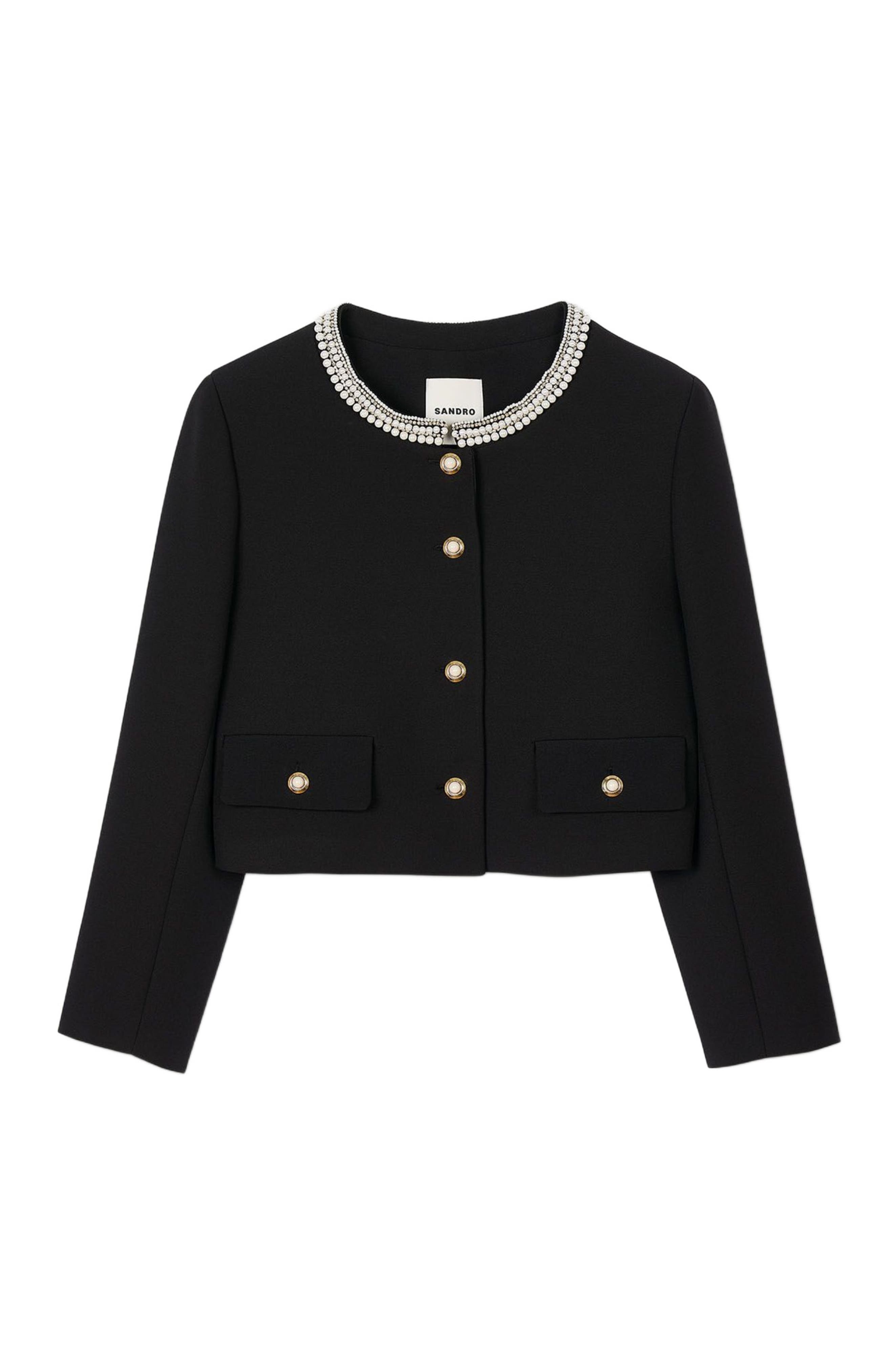 SANDRO Jacket with beaded collar in Black at Nordstrom - 4