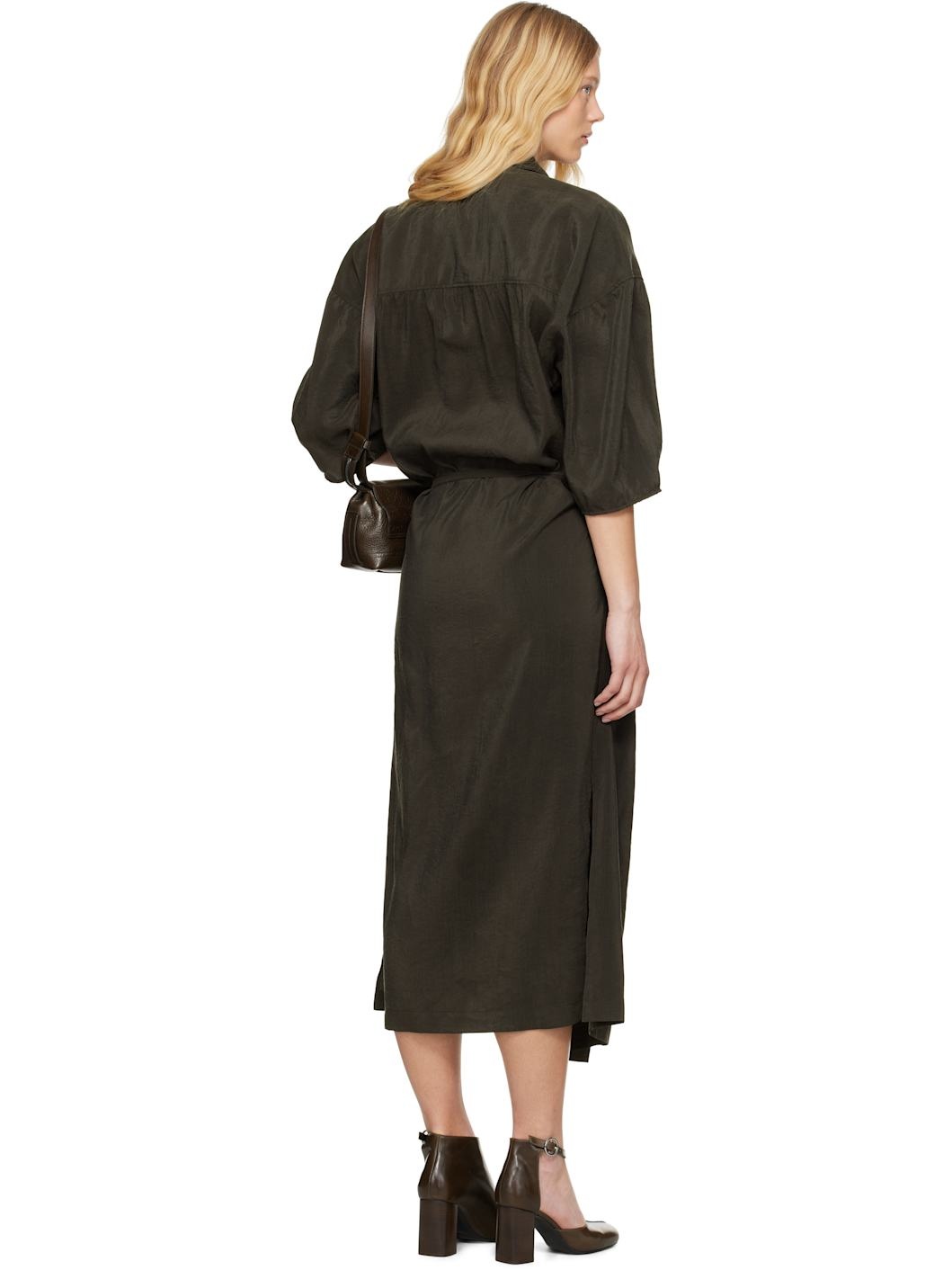 Brown Asymmetrical Shirt Midi Dress - 3