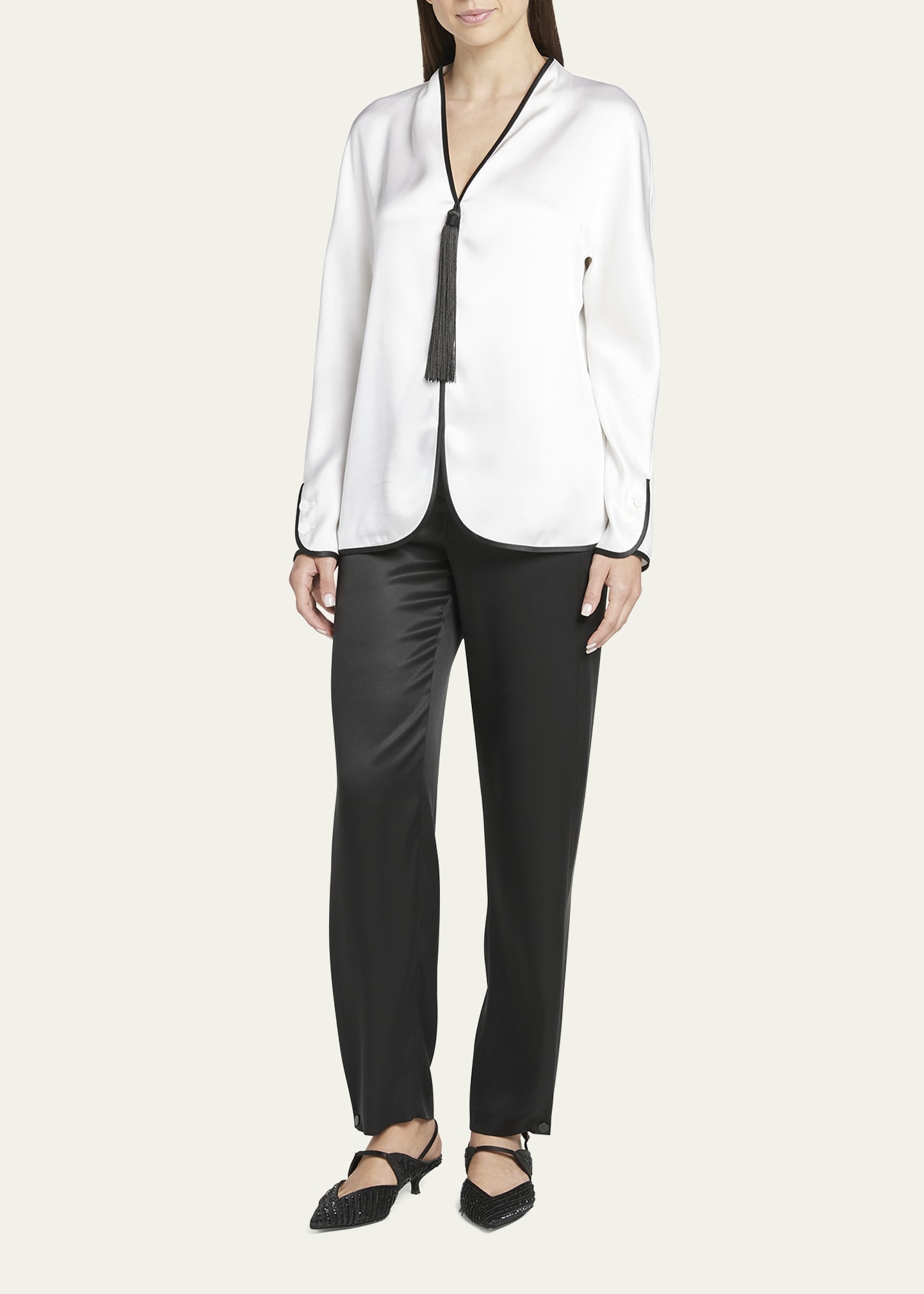 Tassel Silk Blouse with Contrast Tipping - 2