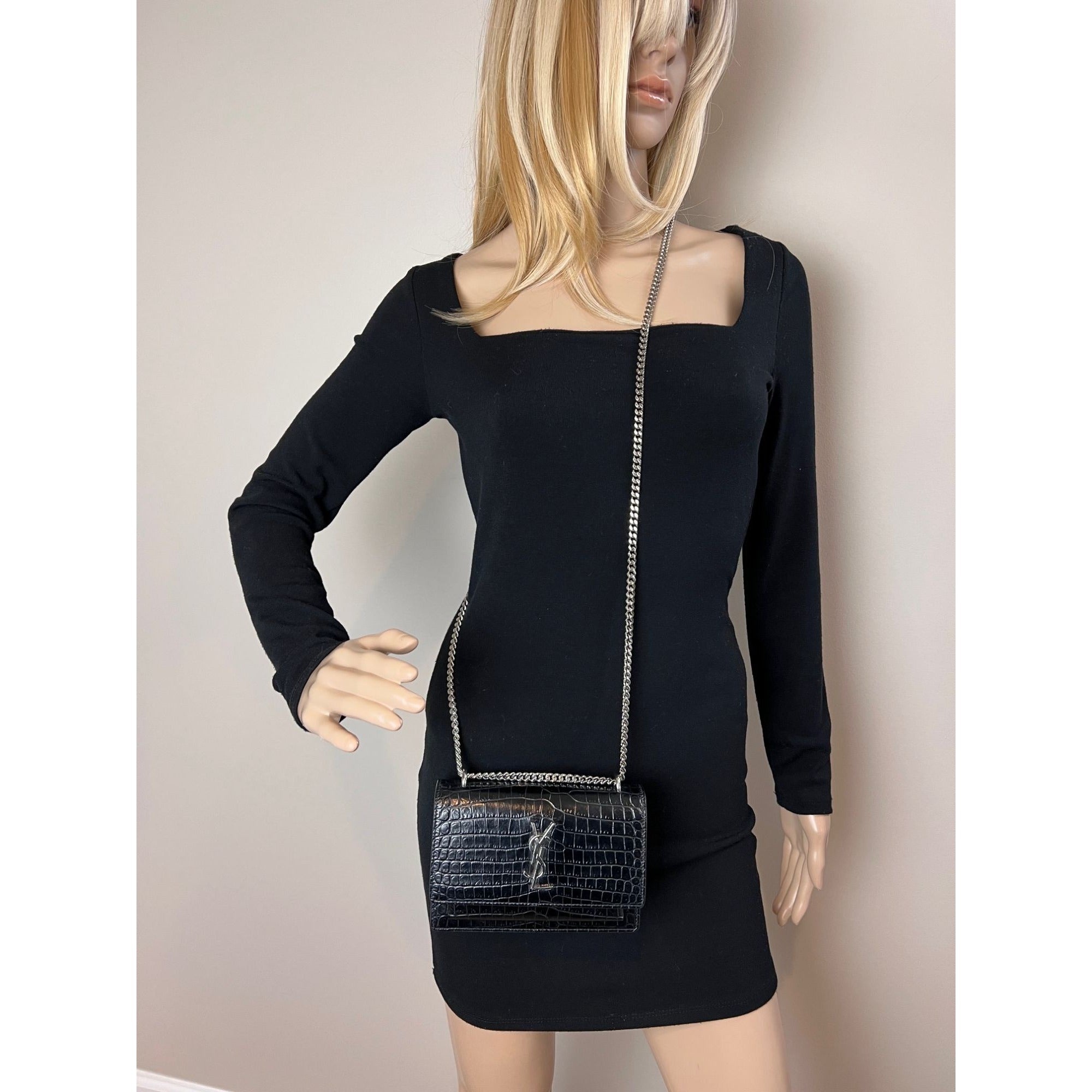 Saint Laurent Black Leather Sunset Wallet on a Chain Crocodile Embossed Bag - 23