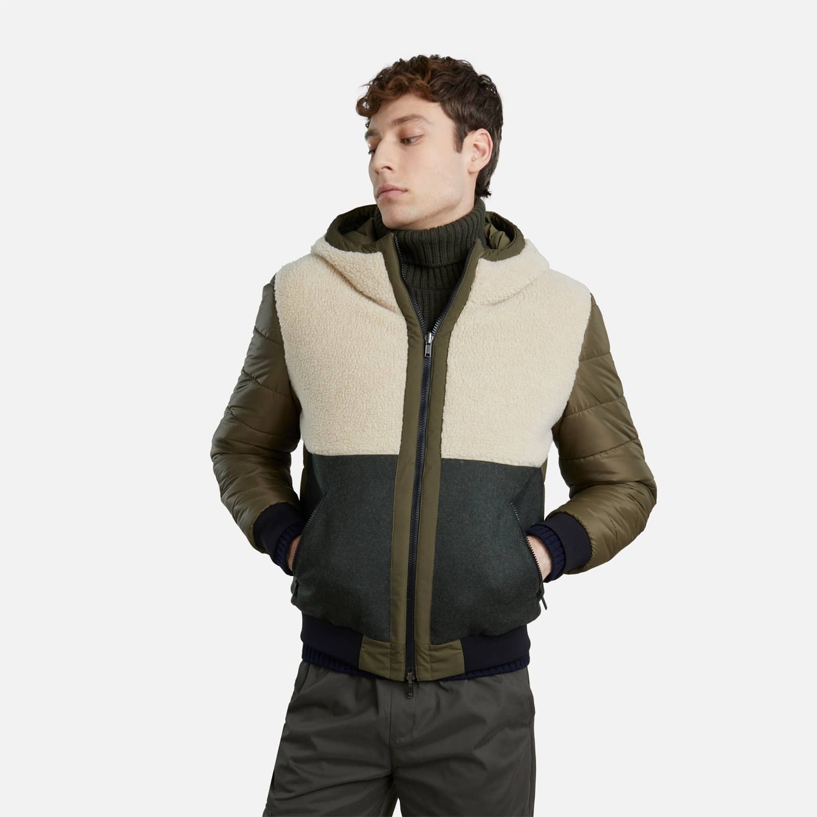 Multimaterial Reversible Bomber Jacket Green Ivory - 5