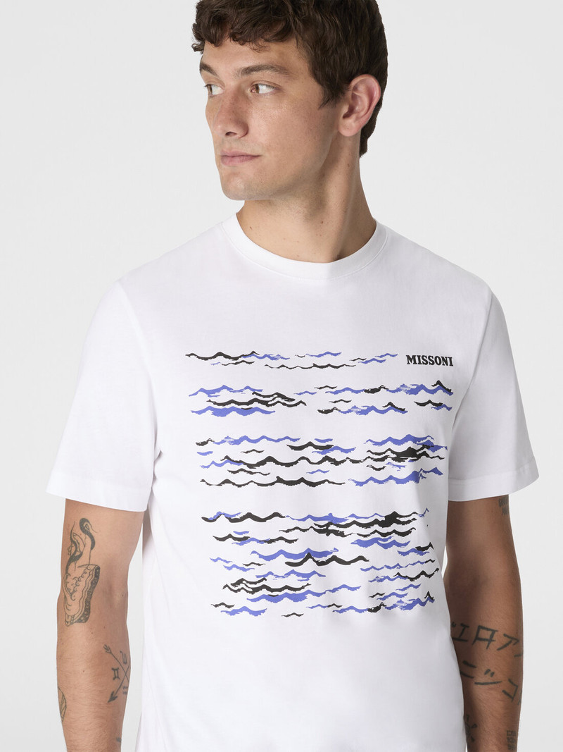 Crew-neck cotton T-shirt with wave print and logo 4