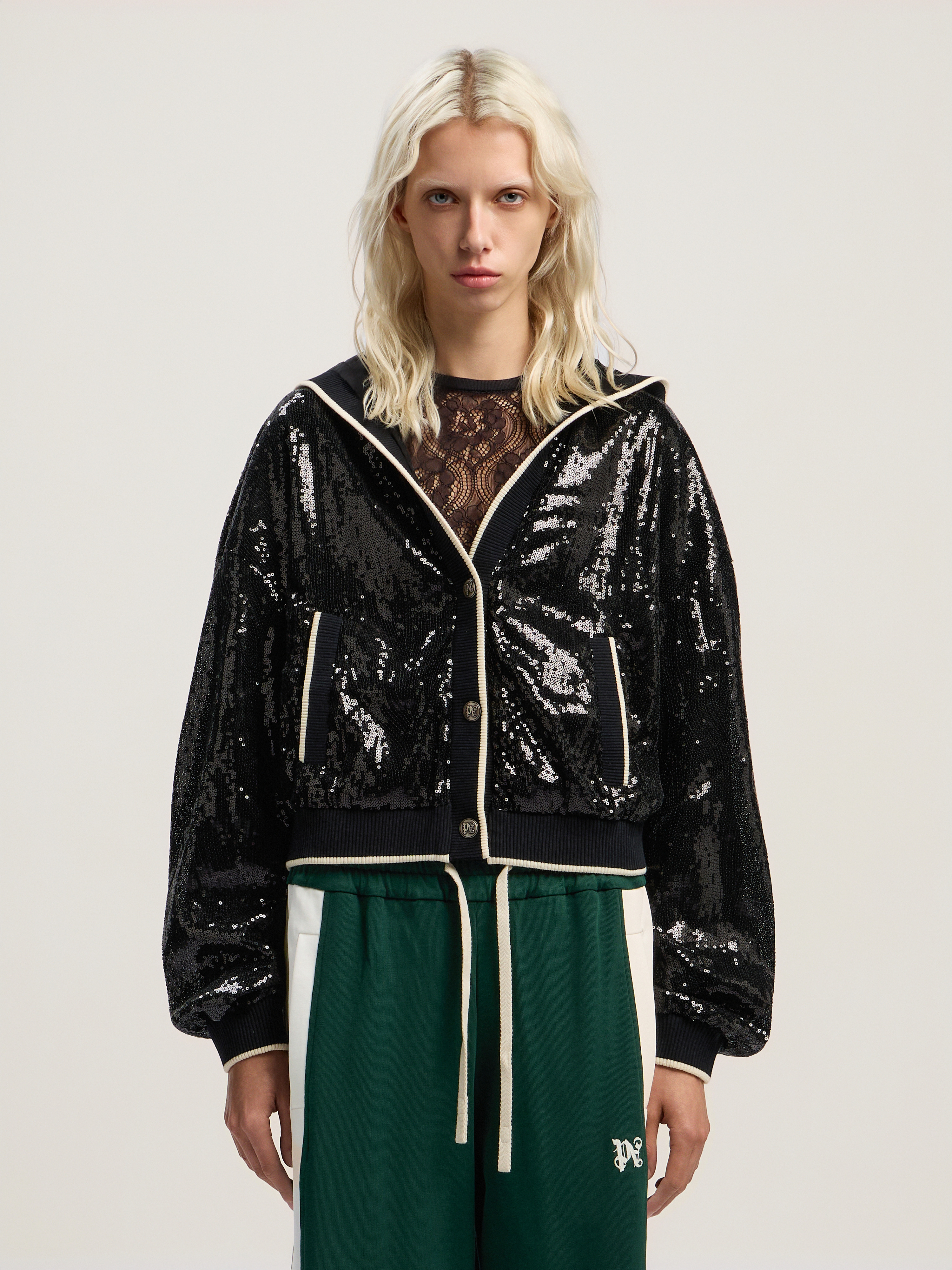 Curved Logo Sequin Crop Jacket - 2