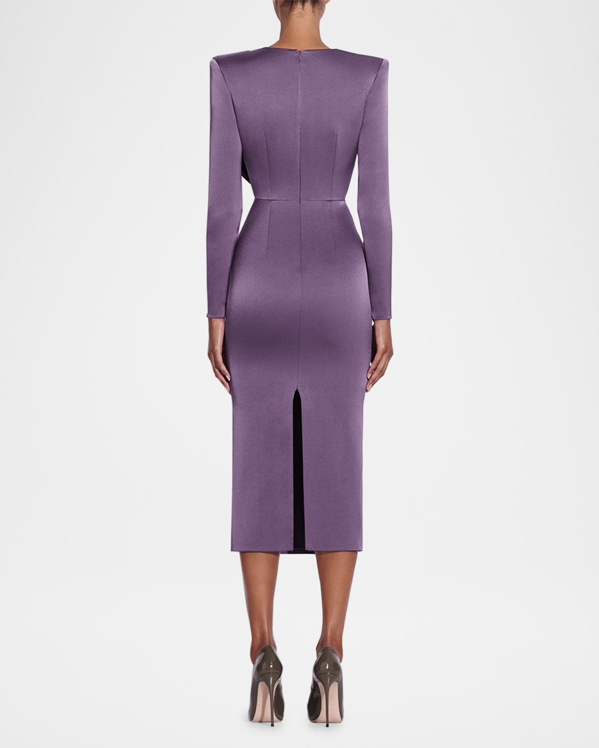 Draped Cowl-Neck Strong-Shoulder Satin Crepe Midi Dress - 3