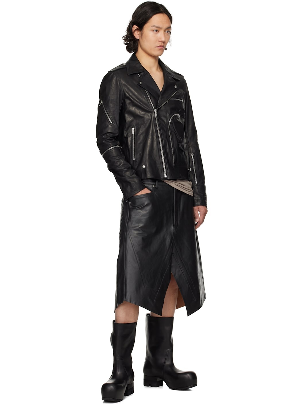 Black Hollywood Slivered Leather Skirt - 4