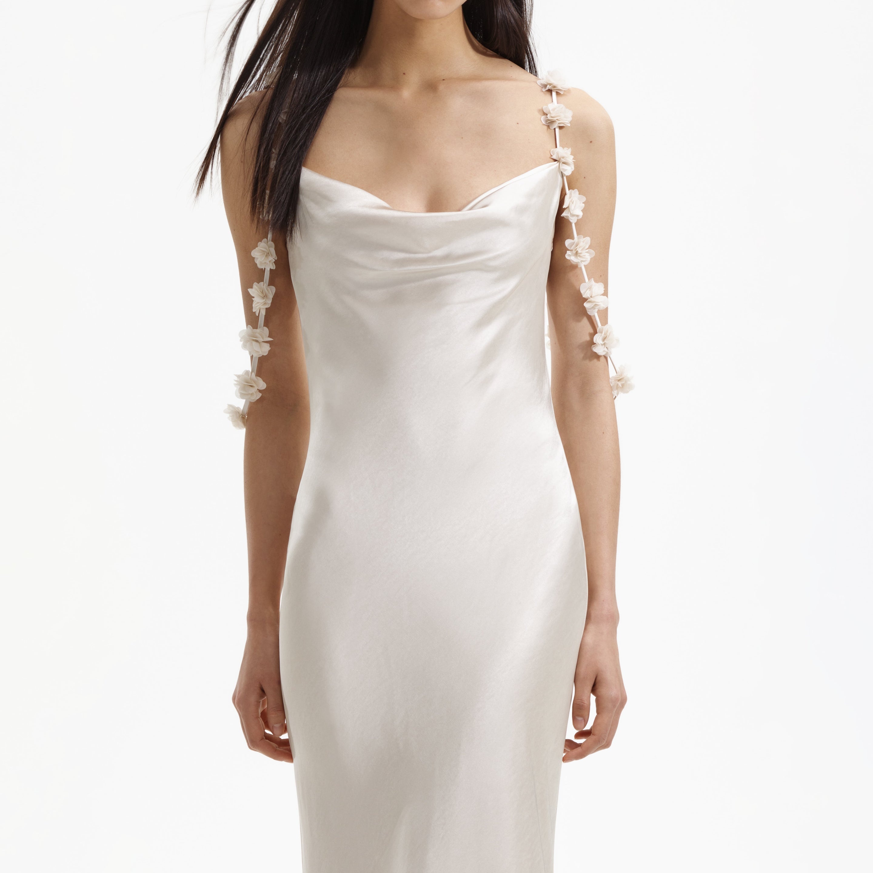 Champagne Satin Flower Maxi Dress - 4