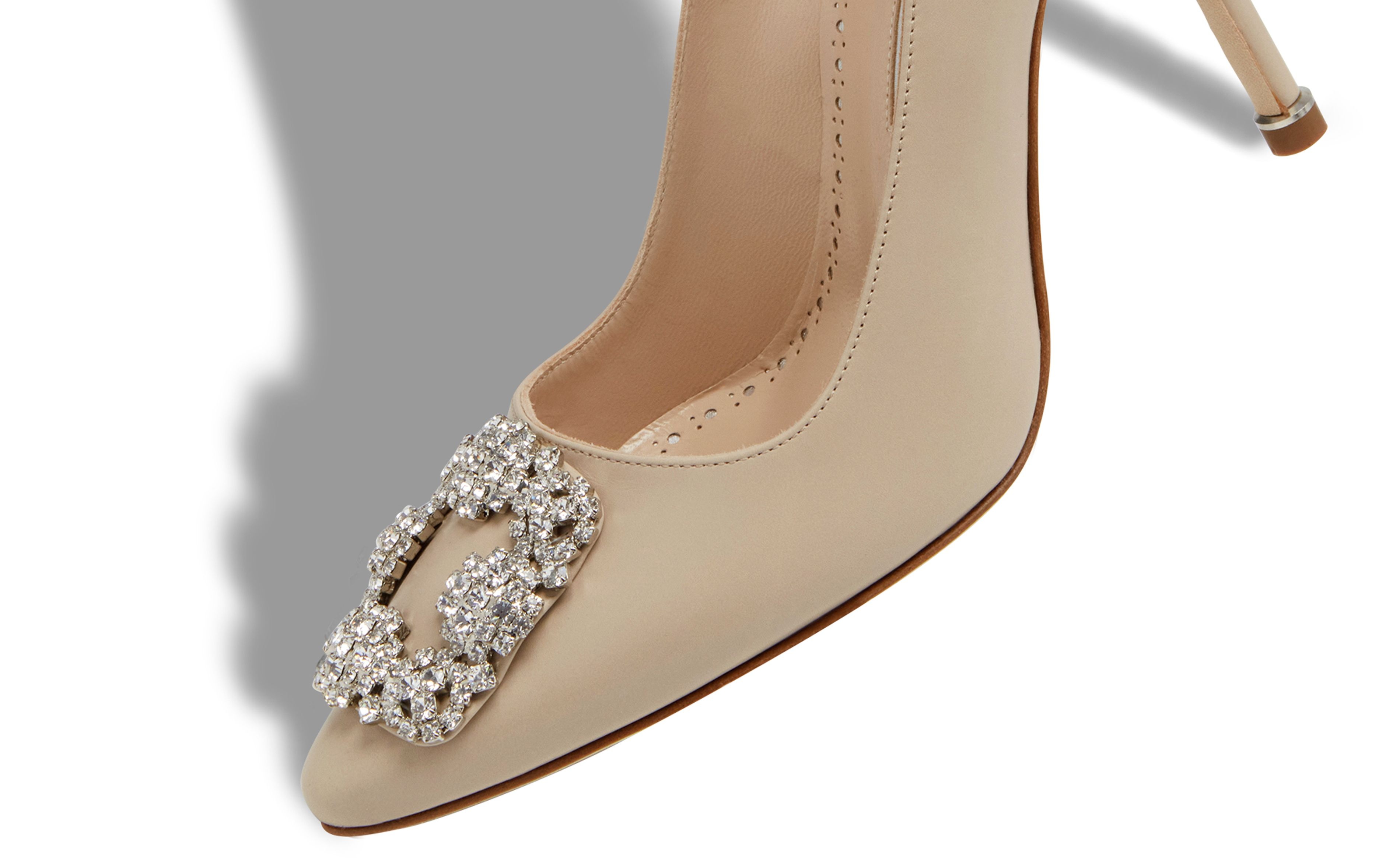 Light Beige Calf Leather Jewel Buckle Pumps - 4