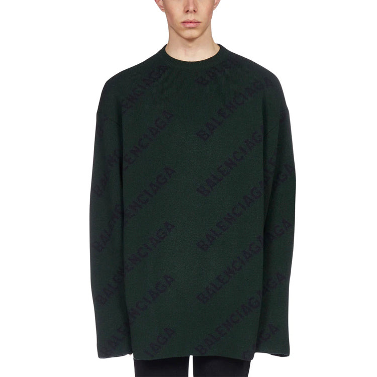 Balenciaga All Over Logo Crewneck Wool Knit Sweater 'Dark Green' 657400T15673050 - 2