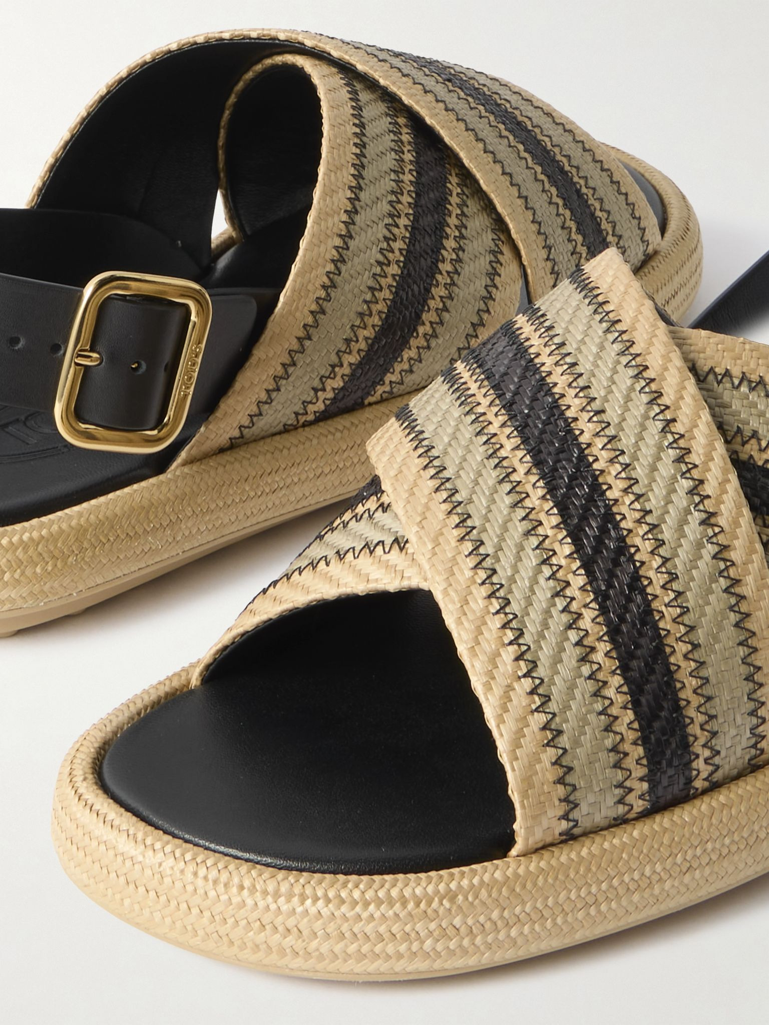 Leather-trimmed striped raffia sandals Beige - 4