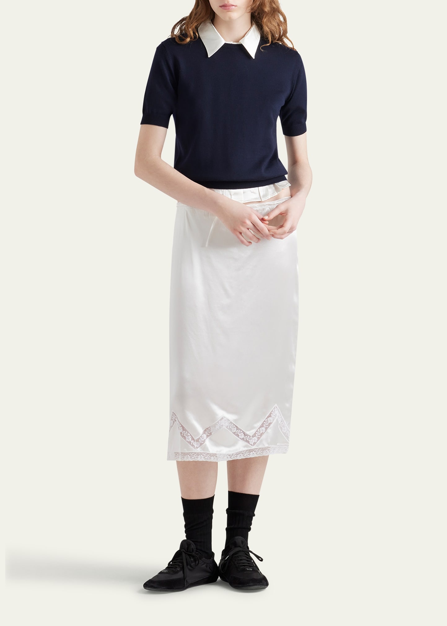 Drawstring Lace Trim Satin Midi Skirt - 2