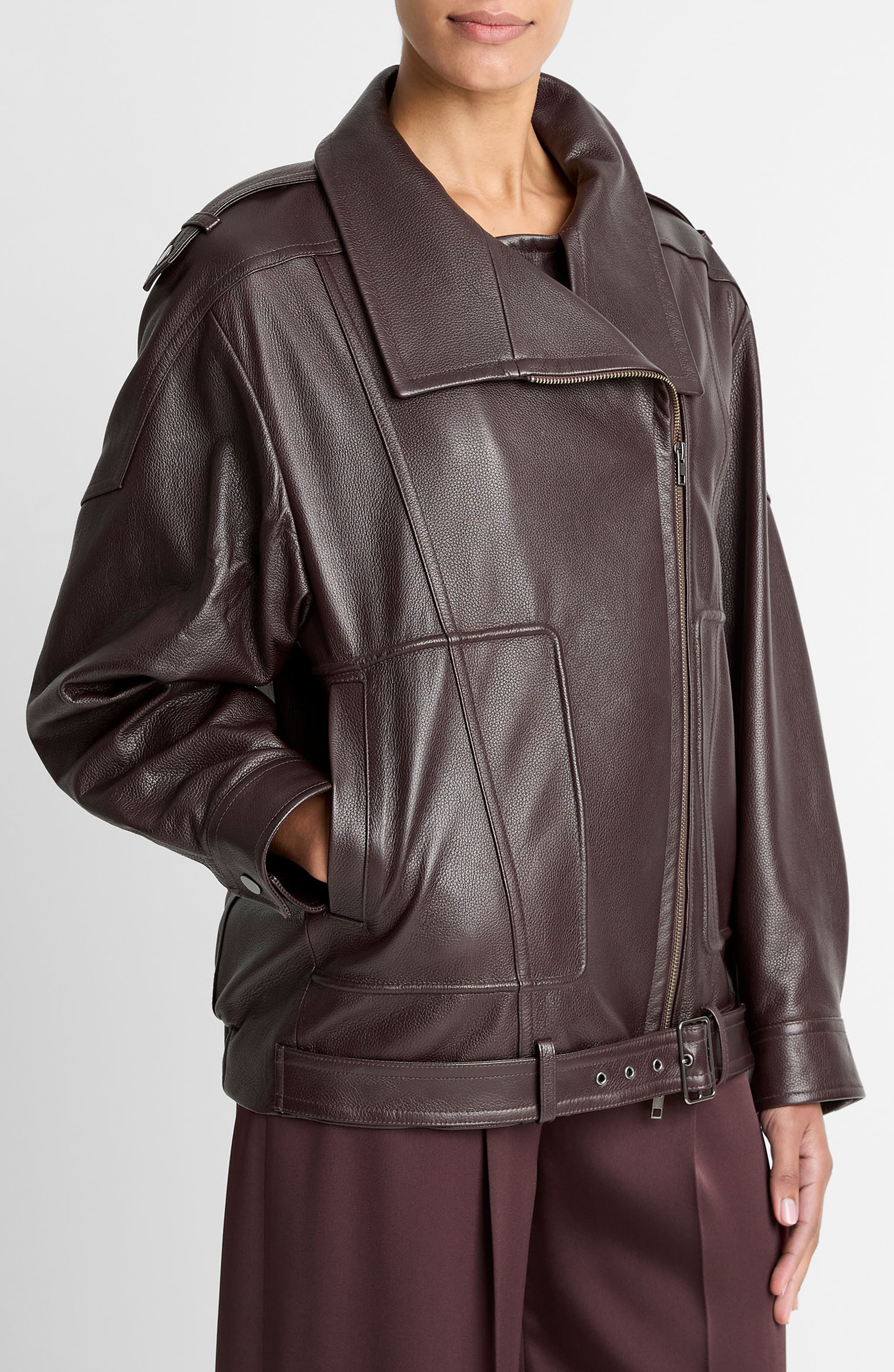 Vince Oversize Leather Biker Jacket in Dark Fig at Nordstrom - 3