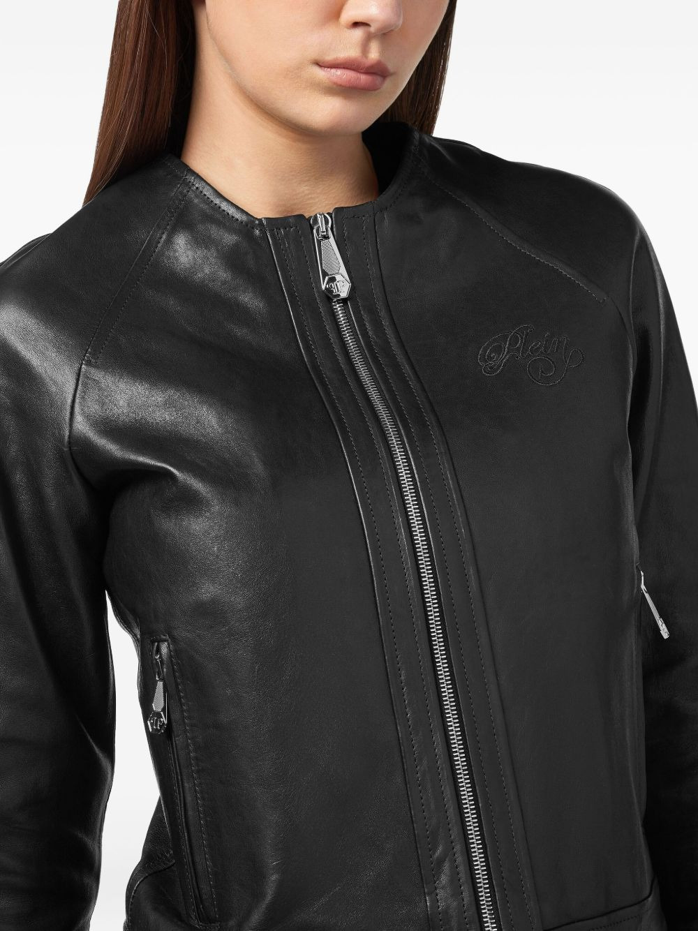 embroidered-logo zip-front leather jacket - 3