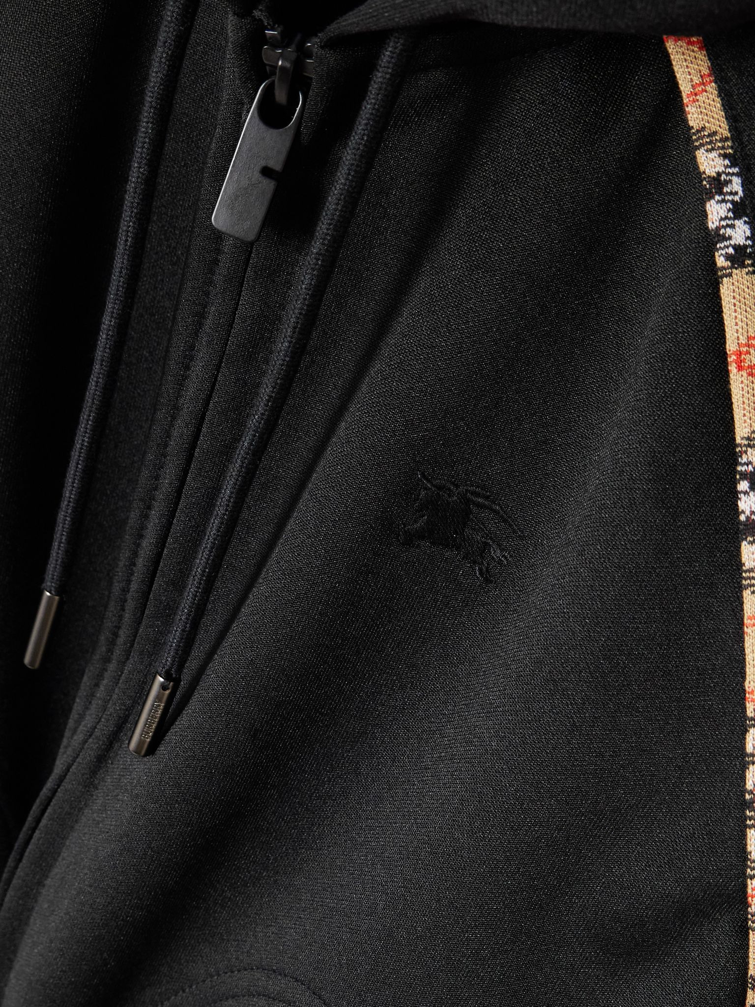 Checked piqué-trimmed jersey hooded track jacket Black - 6