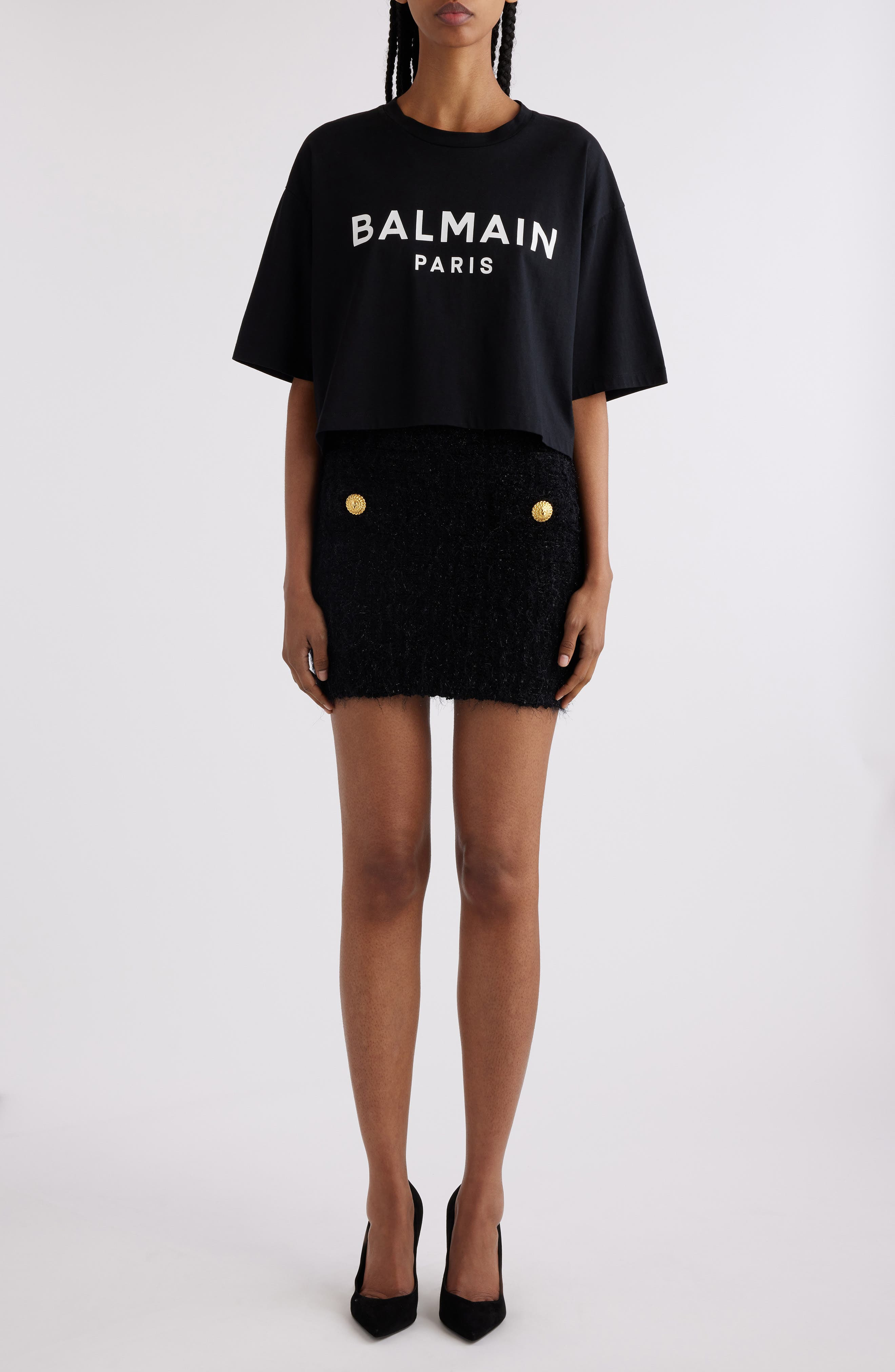 Balmain Logo Crop Cotton Graphic T-Shirt in Eab Black/White at Nordstrom - 8