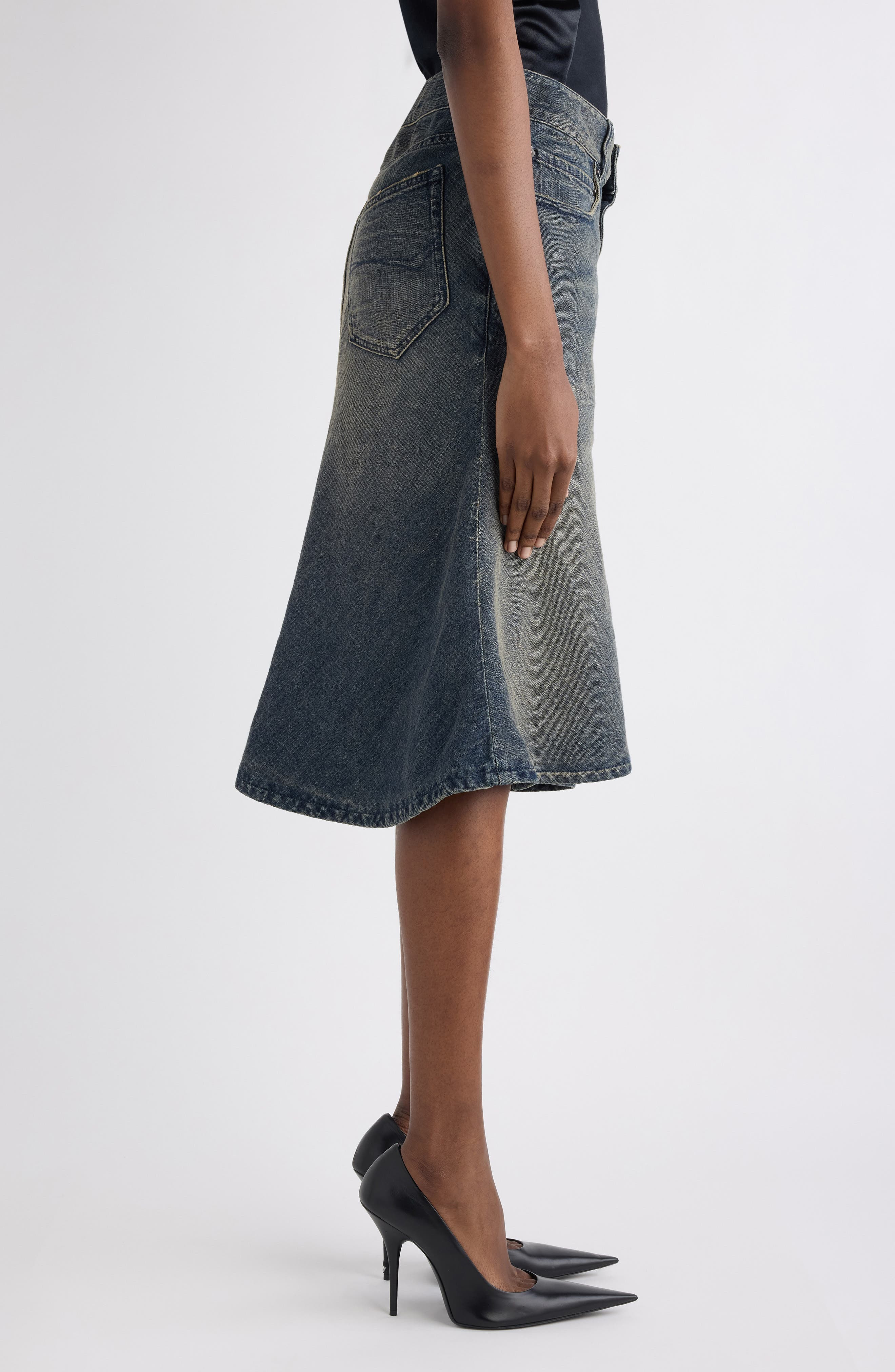 Balenciaga Denim A-Line Midi Skirt in Navy/Green/Yellow at Nordstrom - 4