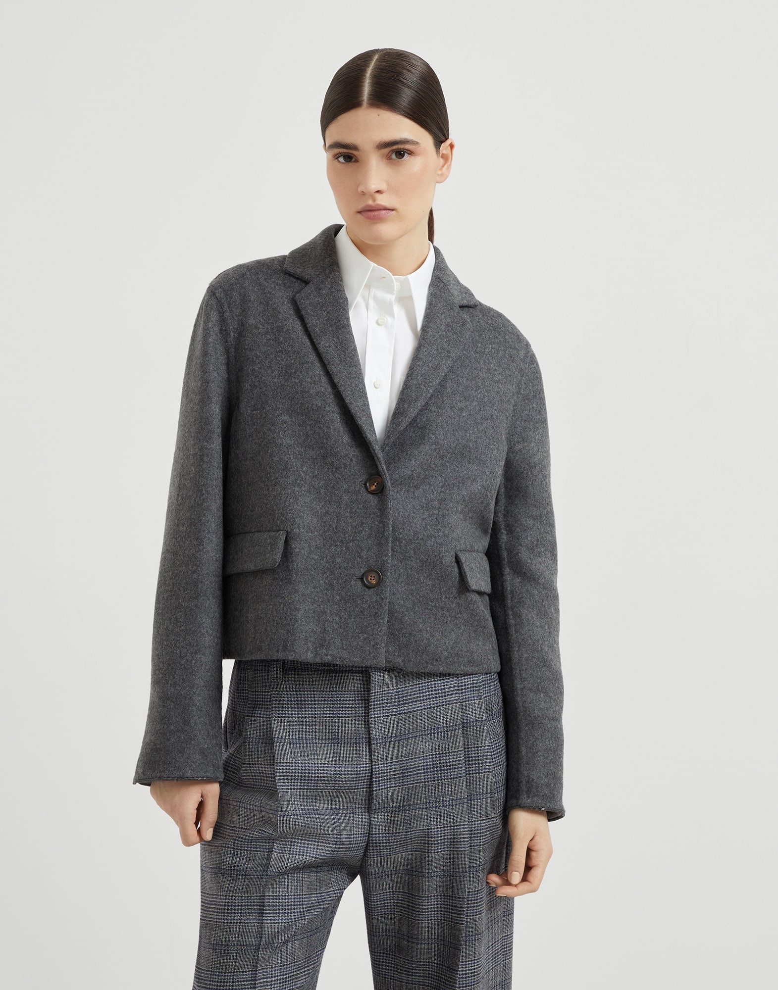 Hand-crafted virgin wool double cloth cropped blazer with shiny cuffs - 1