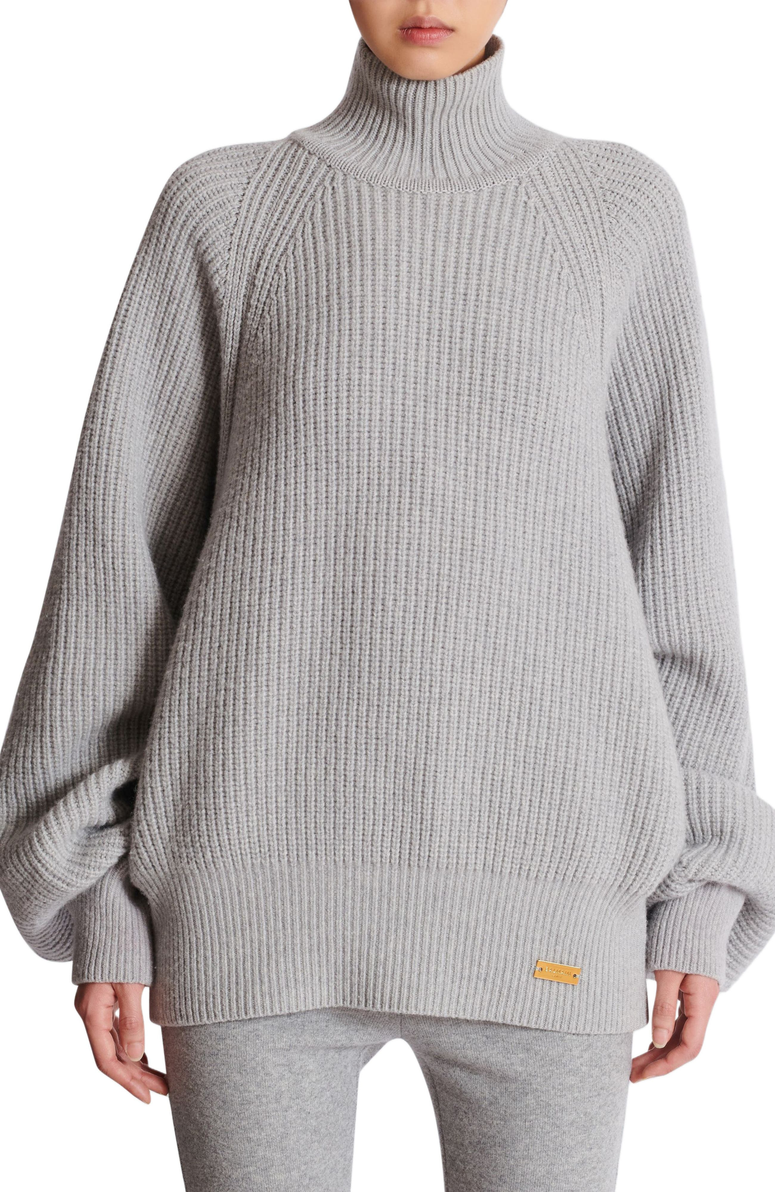 Balmain High-Neck Ribbed Knit Jumper in Grey at Nordstrom - 6