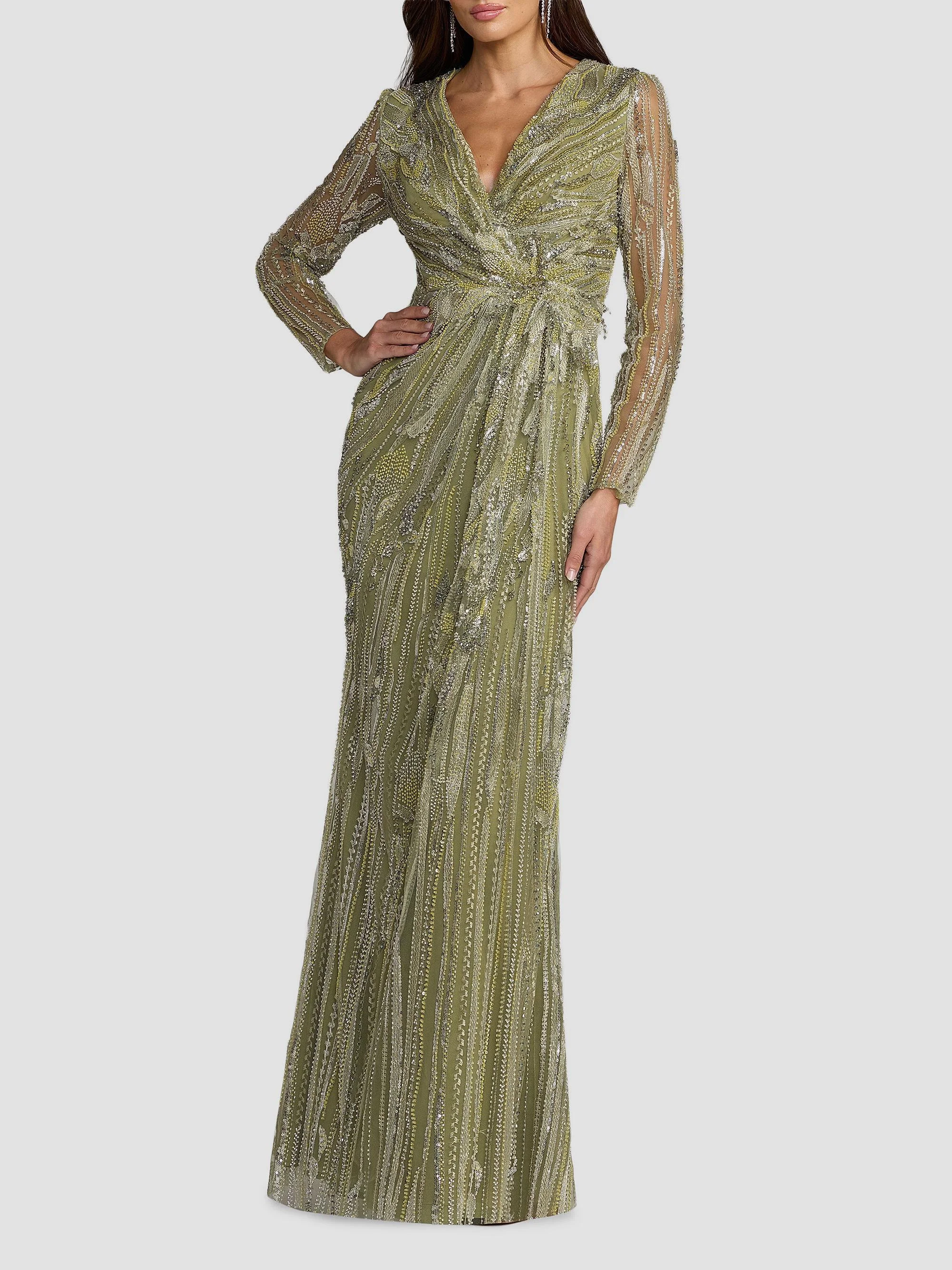 Women's Embroidered Mesh Long-Sleeve Column Gown - Pistachio - 1