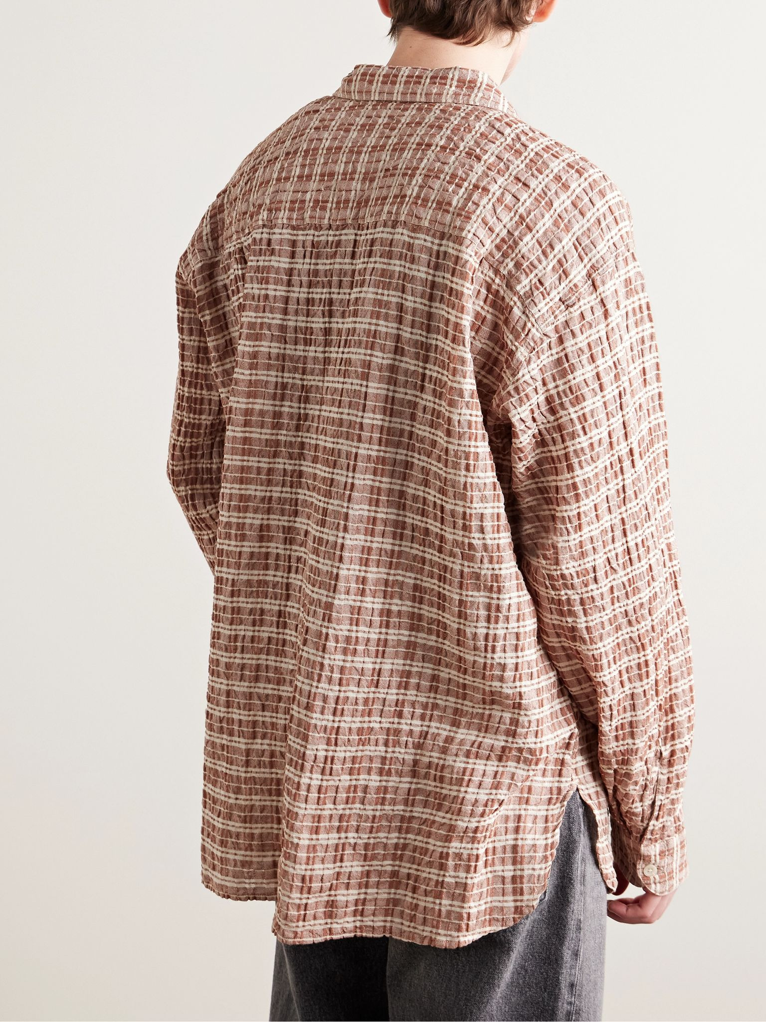 Mechanic Checked Cotton and Linen-Blend Seersucker Shirt Brown - 3