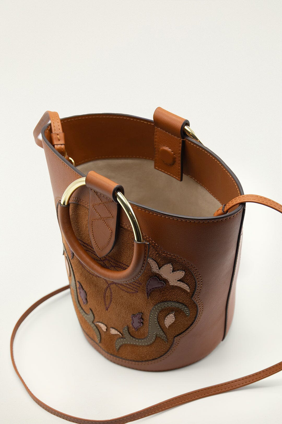 Brown Western Embroidered Leather Bucket Bag - 3