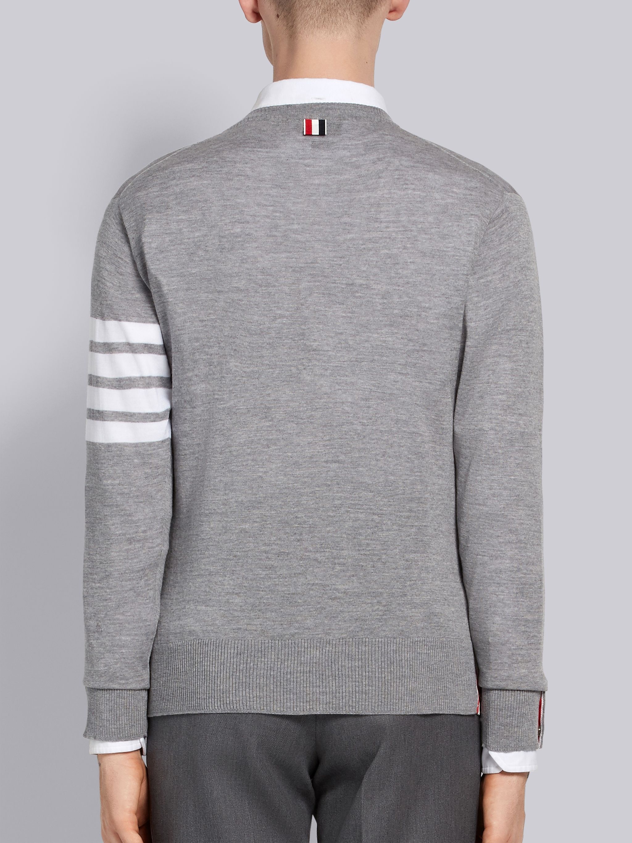 Light Grey Finemerino Wool 4-bar V-neck Pullover - 3