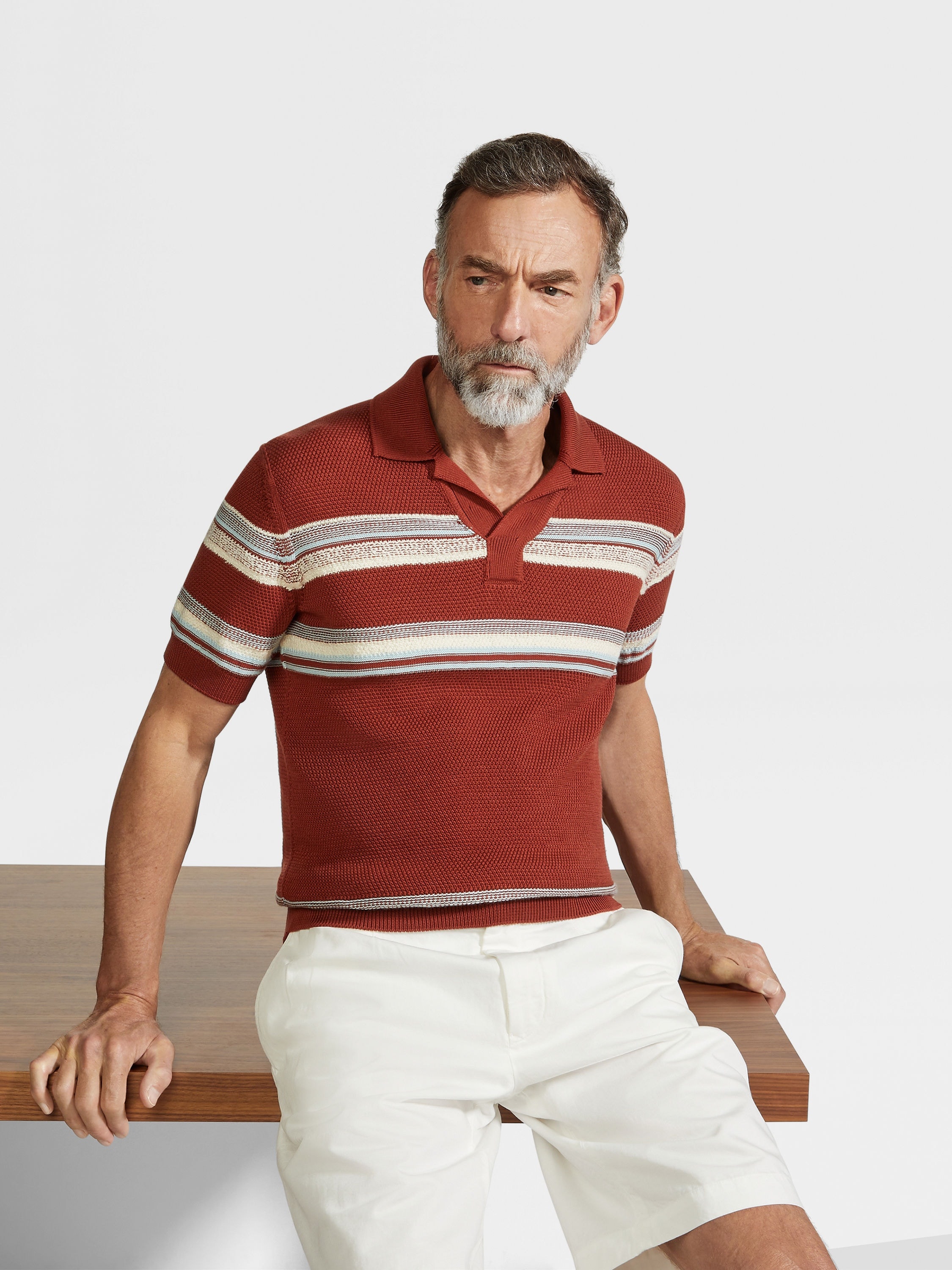 BRICK RED LIGHT BLUE AND WHITE COTTON AND SILK POLO SHIRT - 3