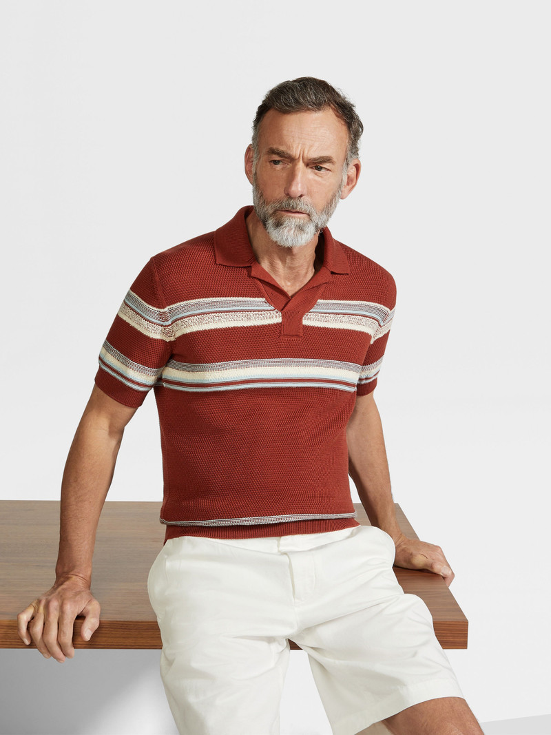 BRICK RED LIGHT BLUE AND WHITE COTTON AND SILK POLO SHIRT 3