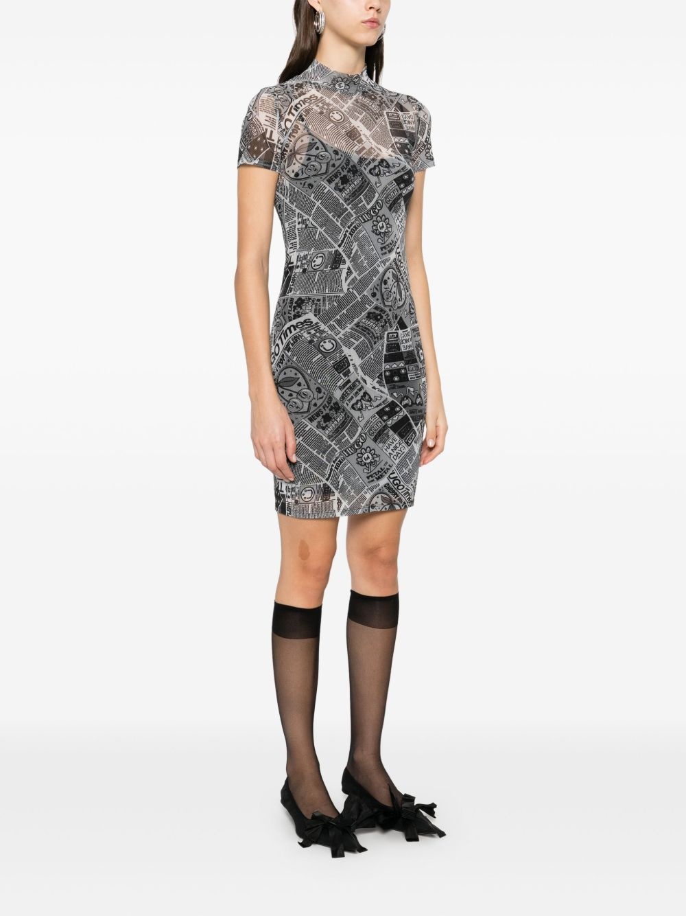 newspaper-print mesh mini dress - 3