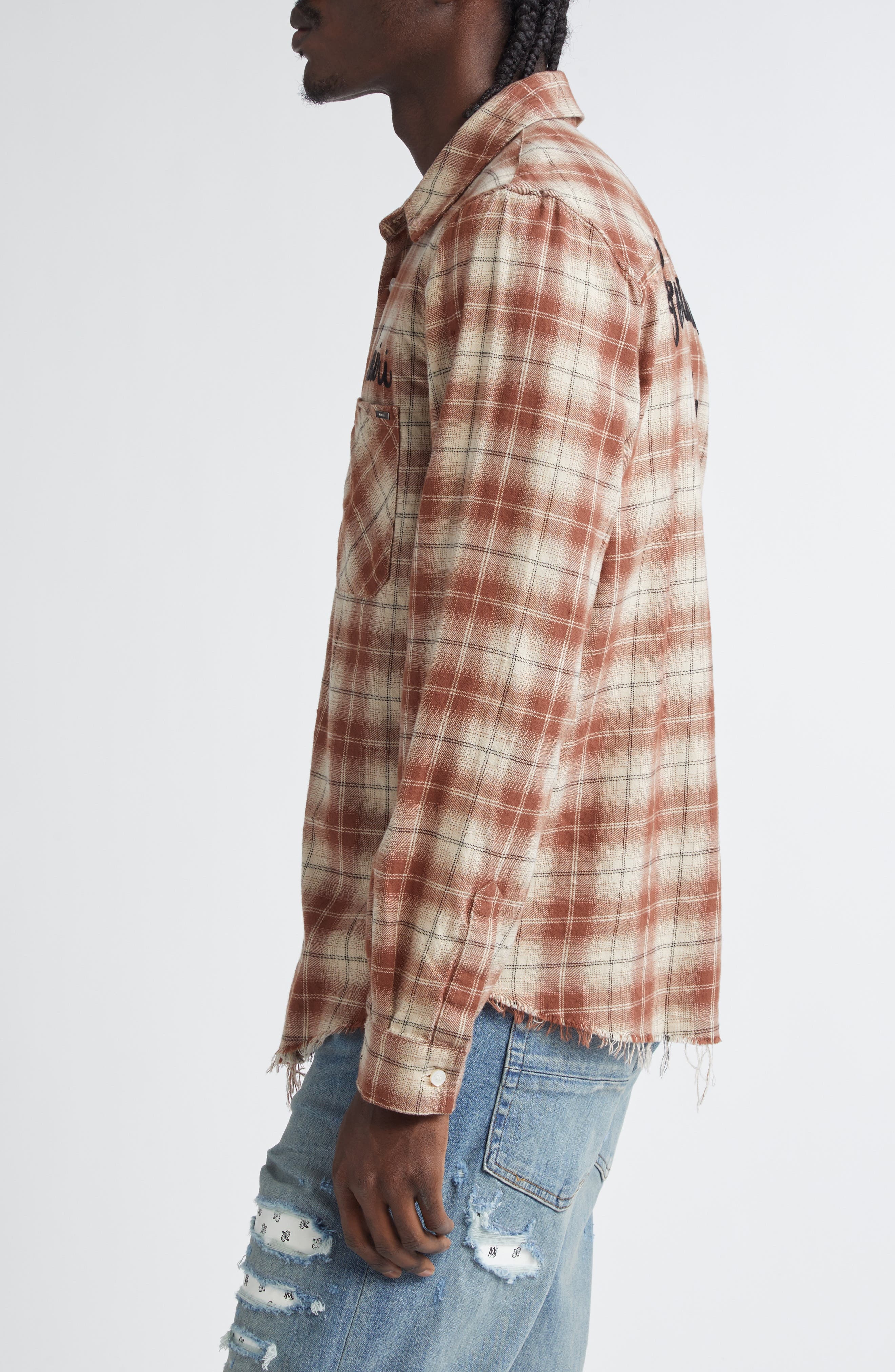 AMIRI Shotgun Distressed Plaid Flannel Button-Up Shirt in Chocolate at Nordstrom - 3