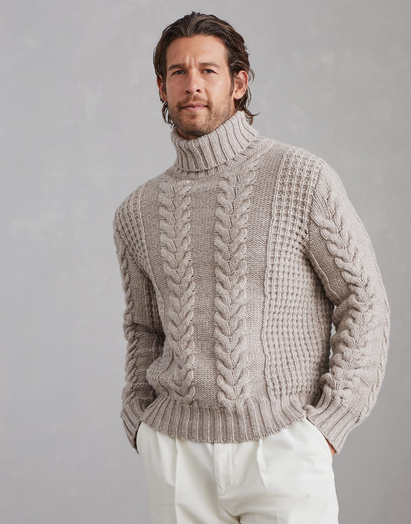 Cable knit turtleneck sweater in cashmere feather yarn 1
