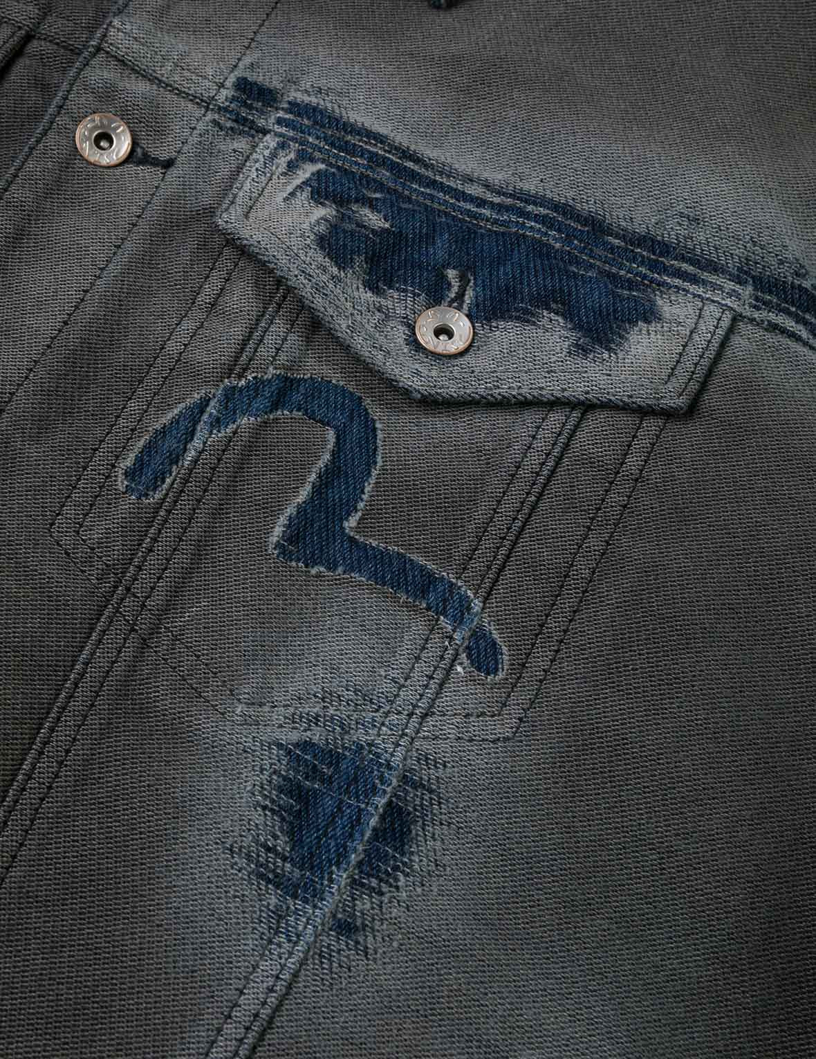 Distressed Seagull and Logo Print Relax Fit Washed Denim Jacket - 5