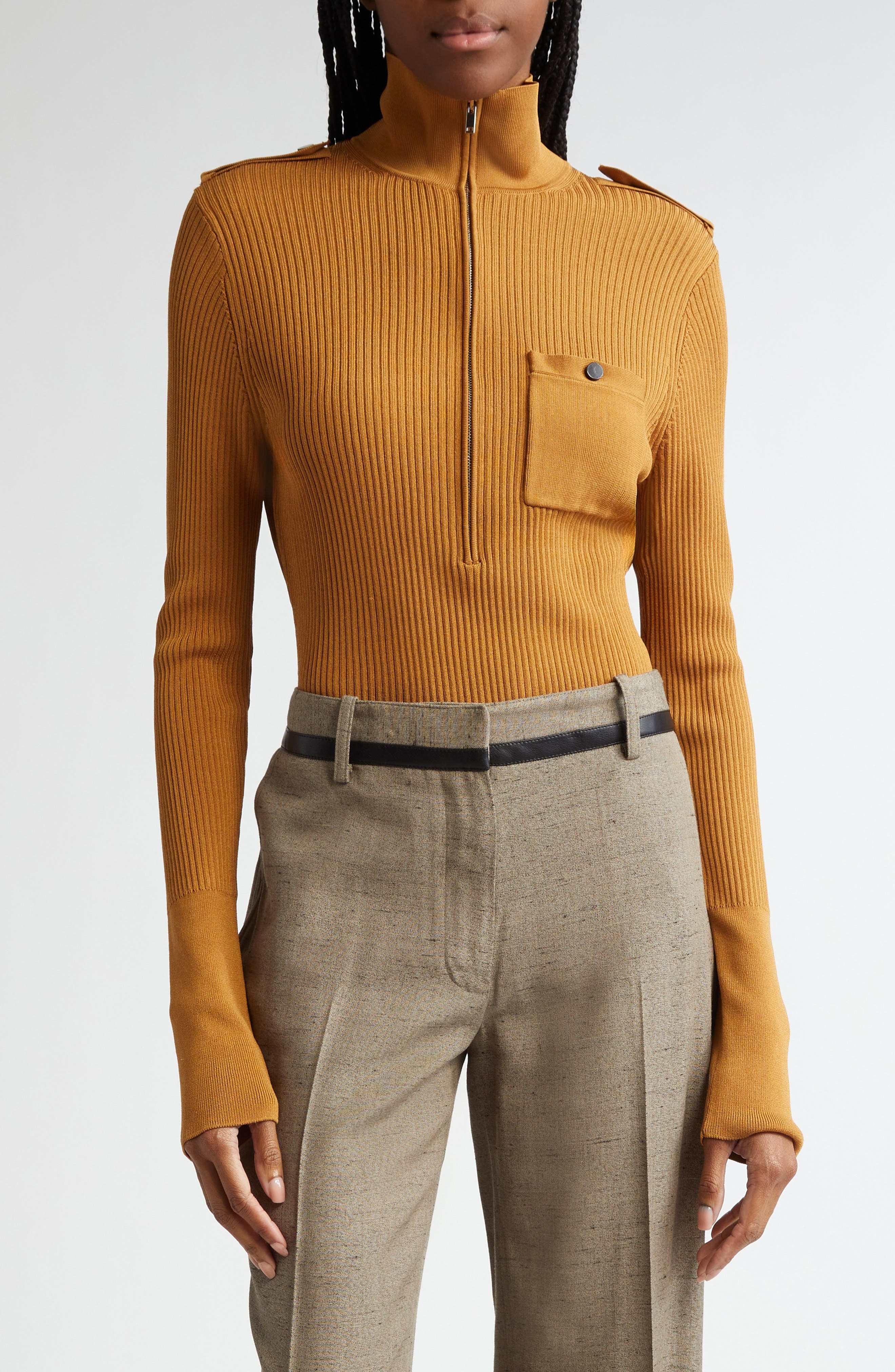 Proenza Schouler Norah Half Zip Rib Top in Dark Camel at Nordstrom - 1