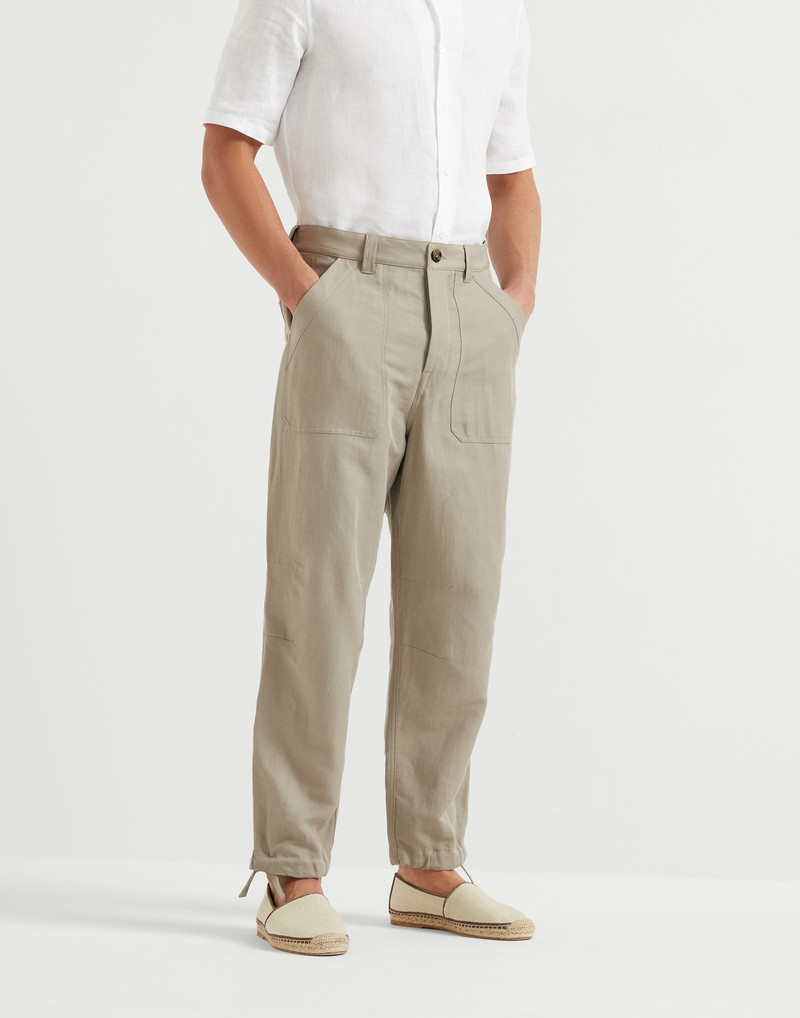 Linen and cotton drill relaxed fit trousers with patch pockets and drawstring 1