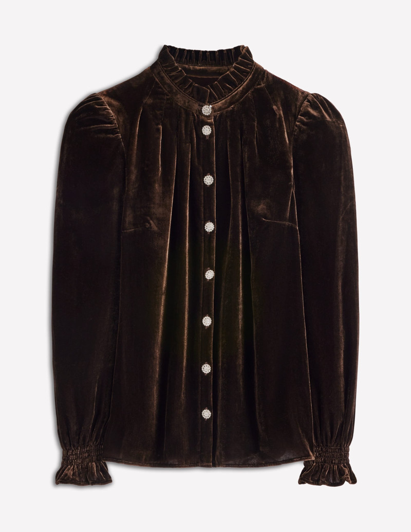 Lorna Pleat Neck Velvet Top-Espresso 1
