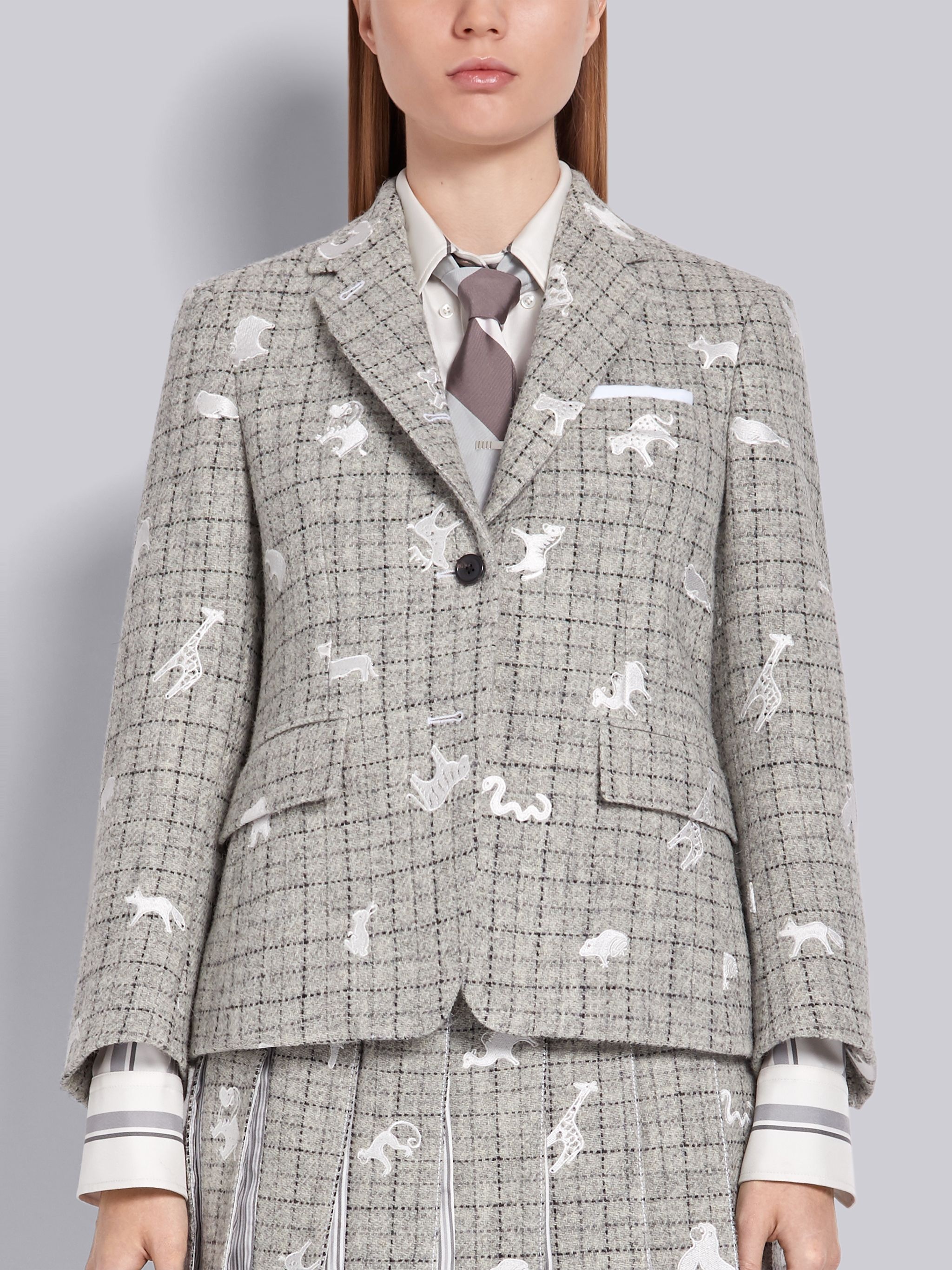 Light Grey Harris Wool Tweed Animal Icon Embroidered Classic Jacket - 1