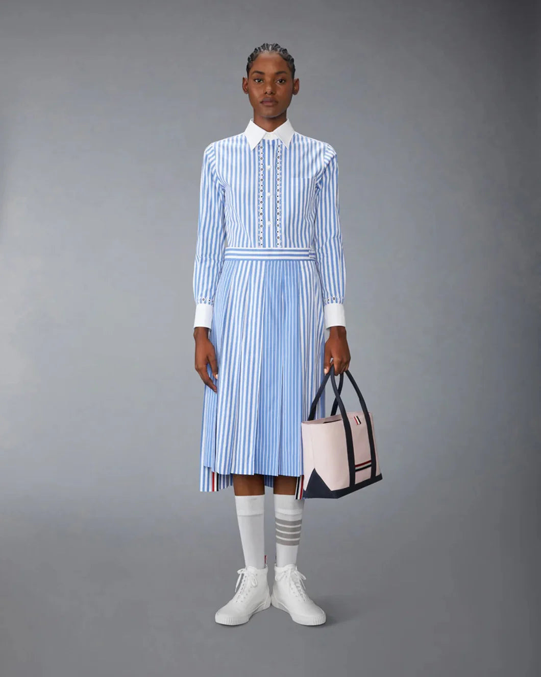 AWNING STRIPED POPLIN FUNMIX PLEATED SKIRT - 5