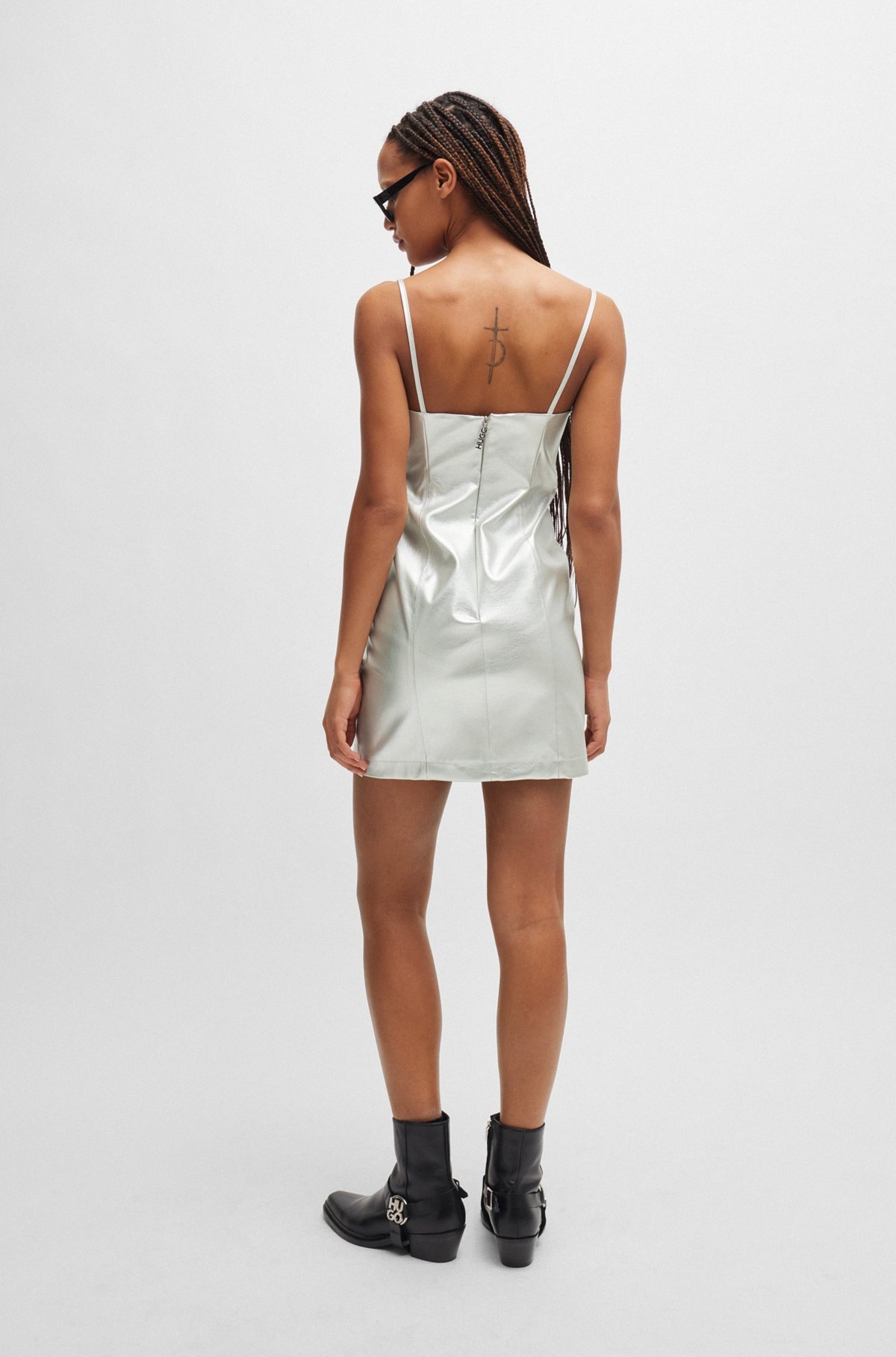 METALLIC FAUX-LEATHER MINI DRESS WITH NOTCH NECKLINE - 4