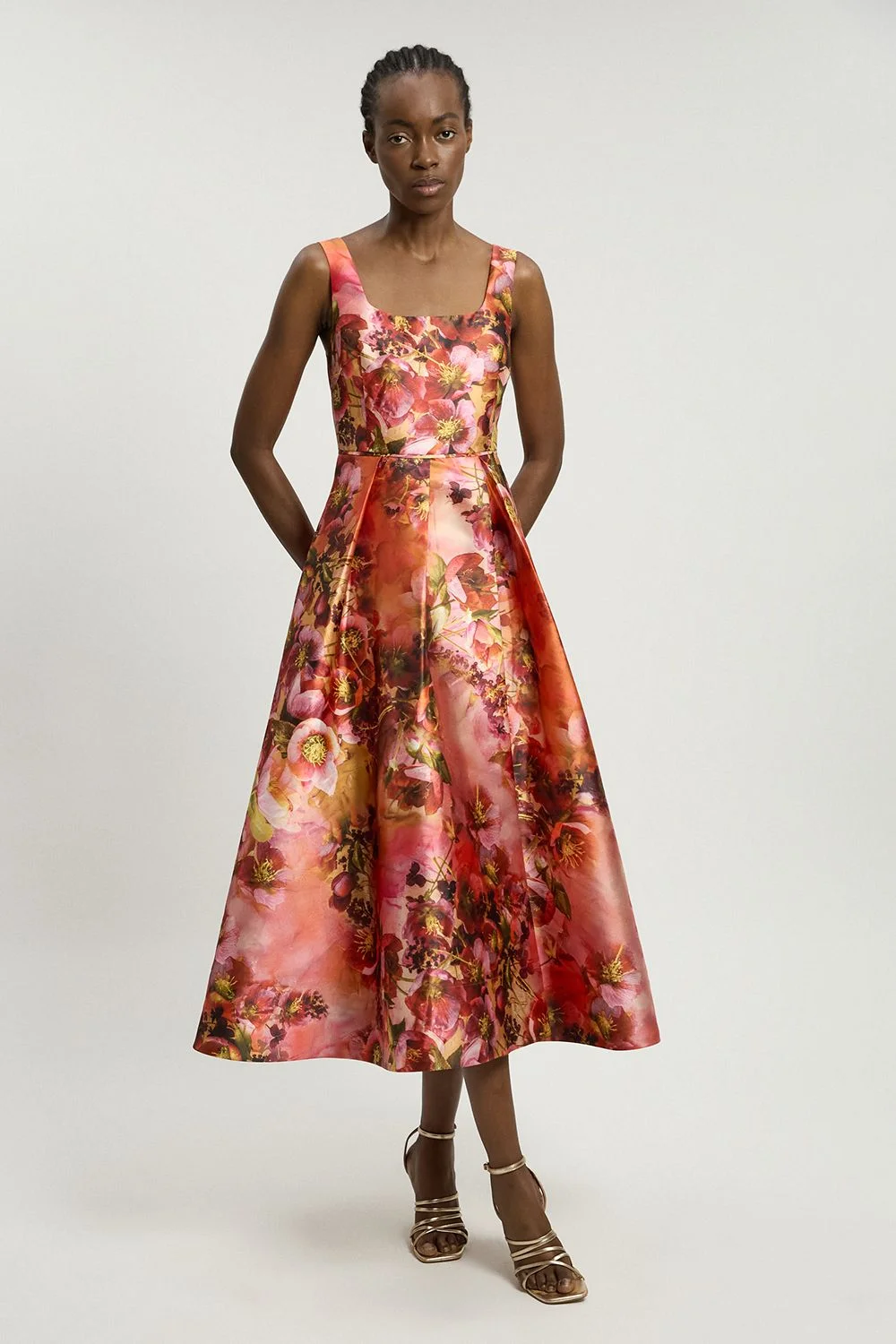 Jacquard Twill Orange Floral Print Corseted Woven Maxi Dress - 1