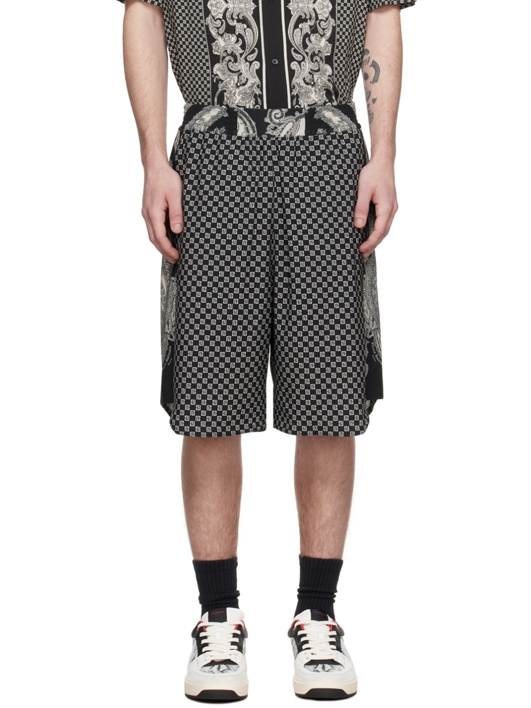Black & Off-White Printed Shorts - 1