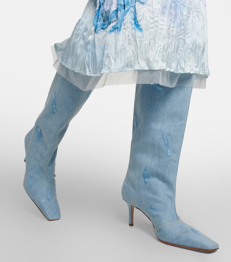 Distressed denim knee-high boots - 4