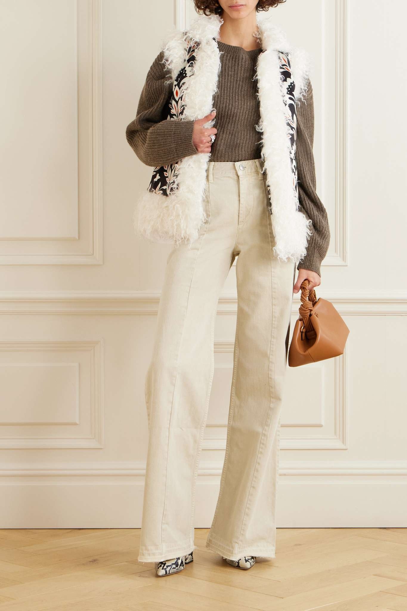 Folk faux shearling-trimmed  padded floral-print crepe vest - 2