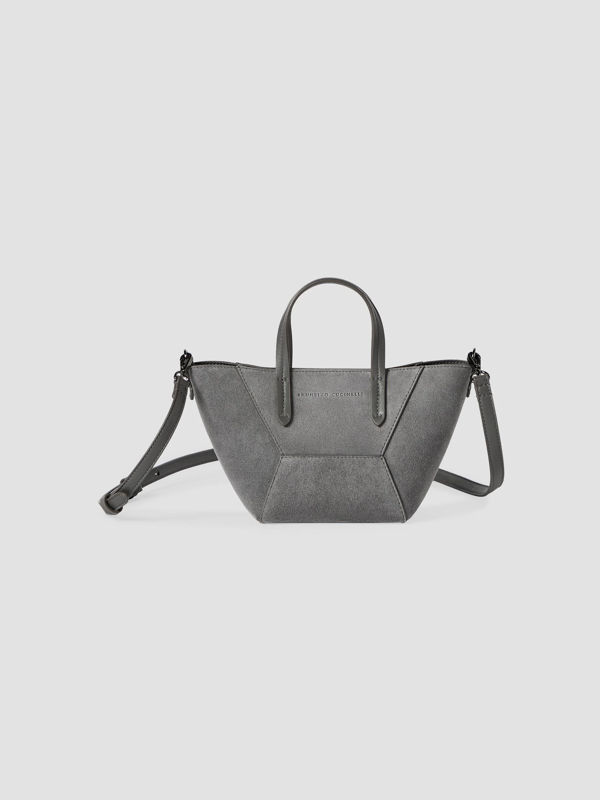 Women's Duo Mini Top Handle Bag in Suede with Monili - Stone Grey - 1
