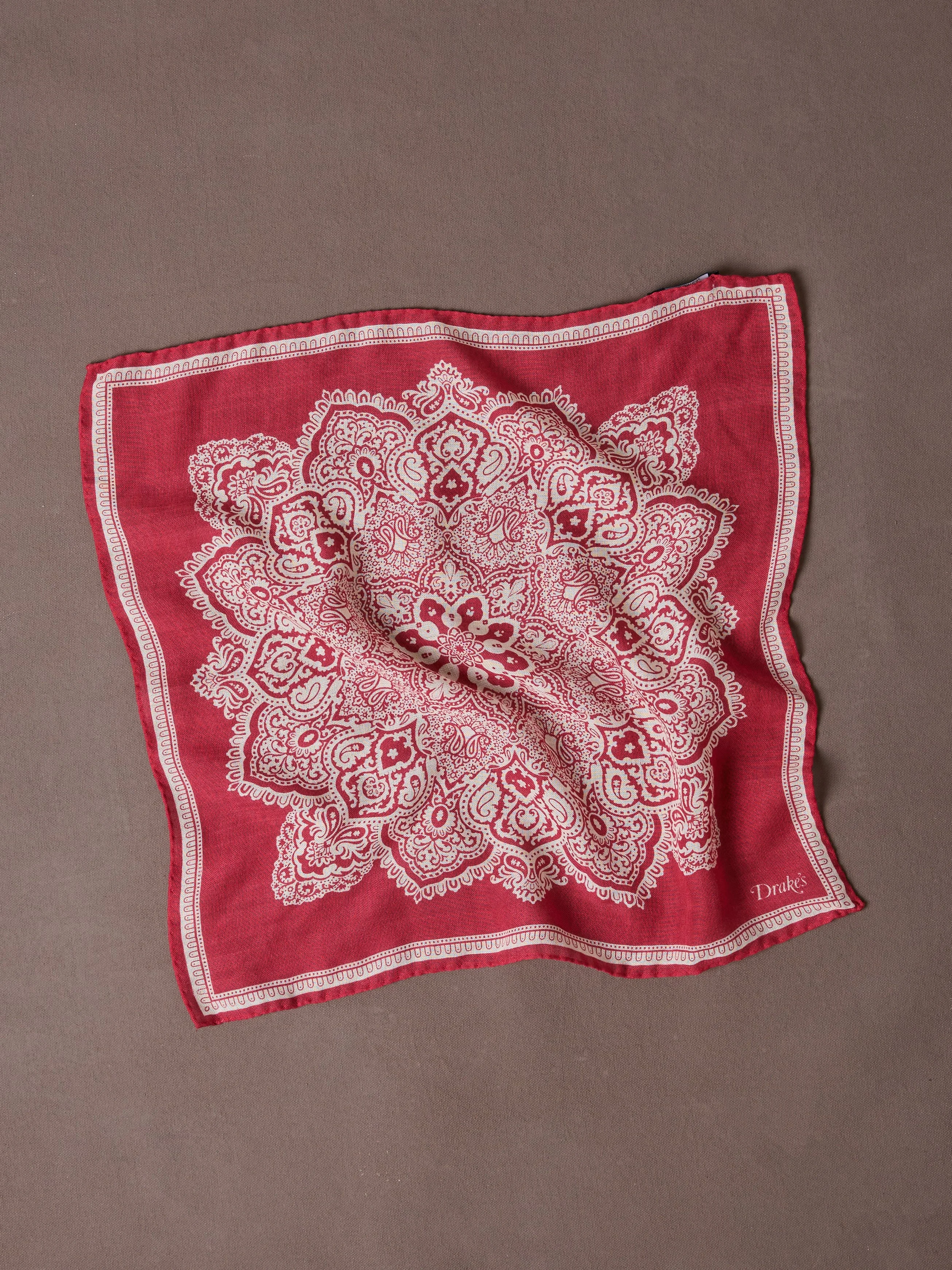 Red Paisley Tile Print Wool-Silk Pocket Square - 1