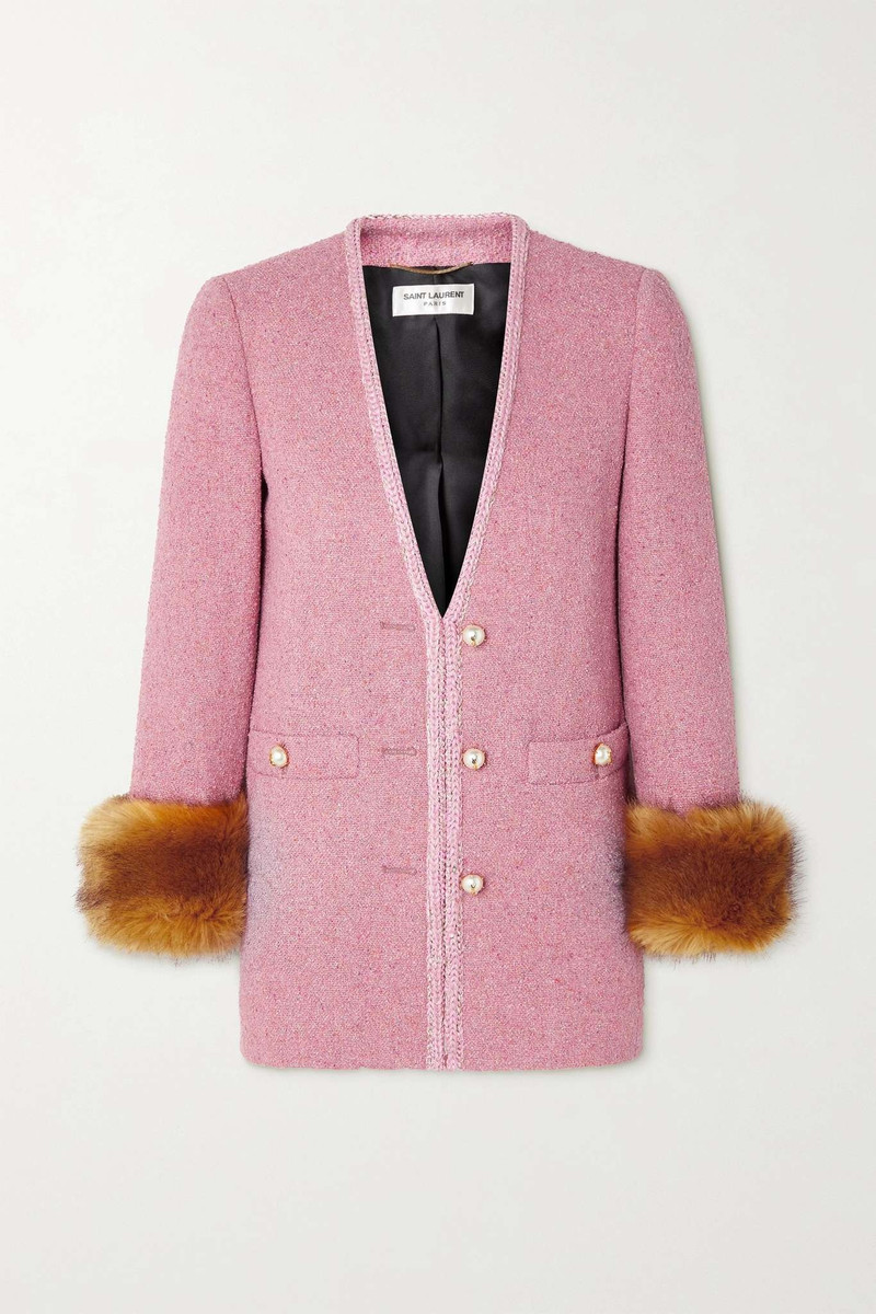 Button-embellished 가짜 모피 트리밍 금속 bouclé tweed blazer 1