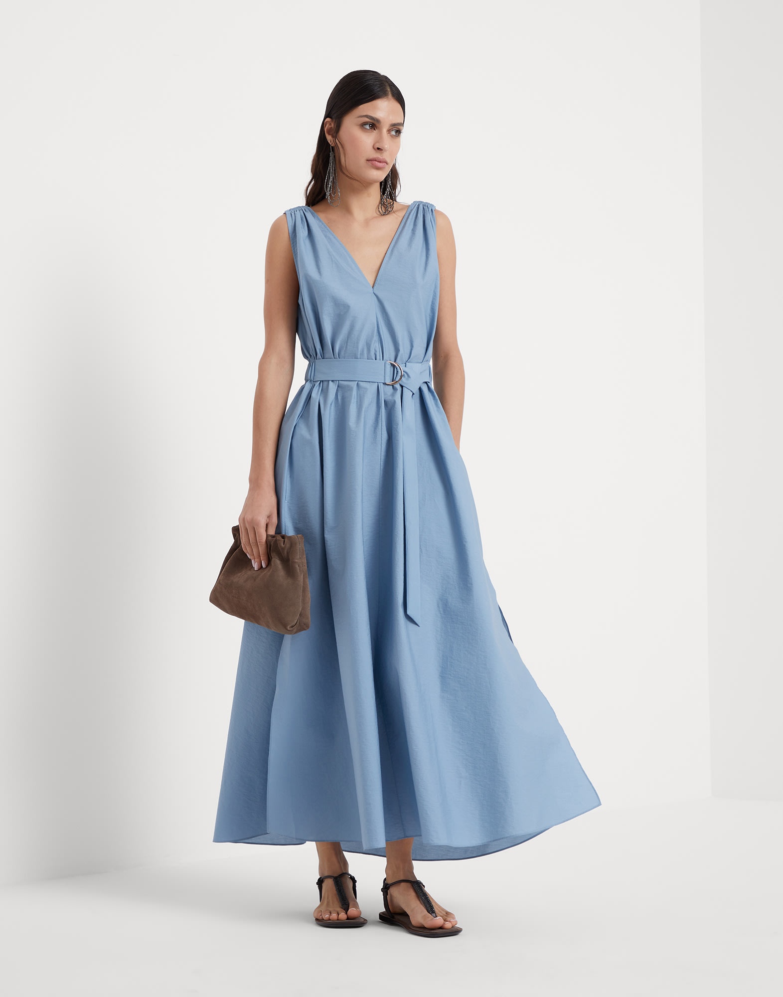 Techno cotton poplin belted dress with precious shoulder detail - 5