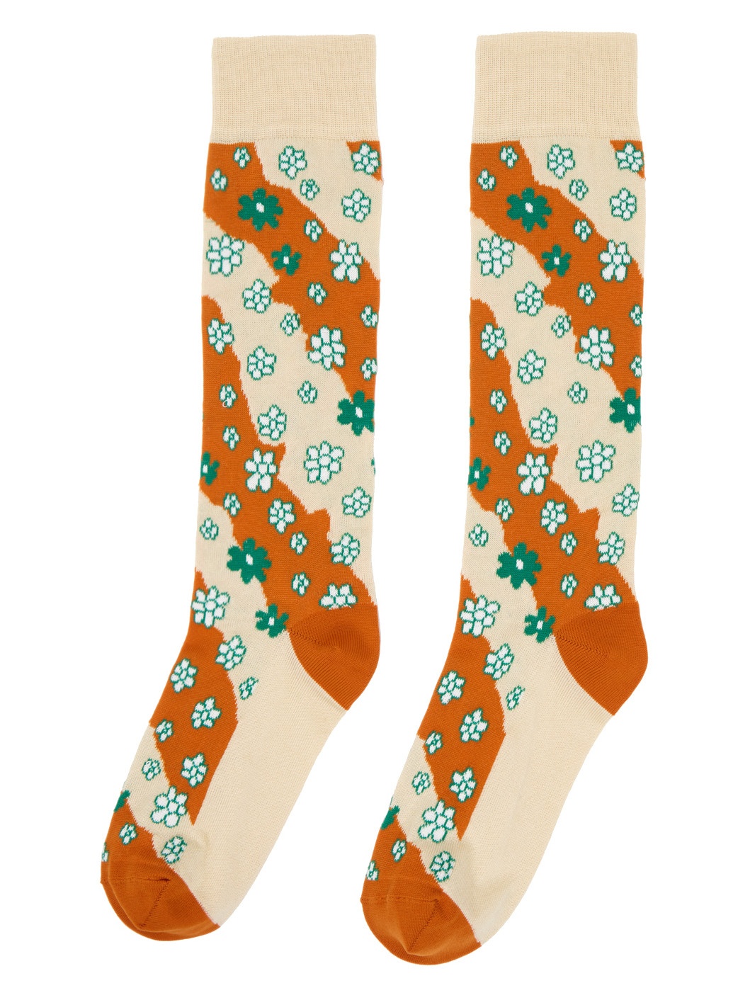 Beige & Orange Stripy Flowers Socks - 2