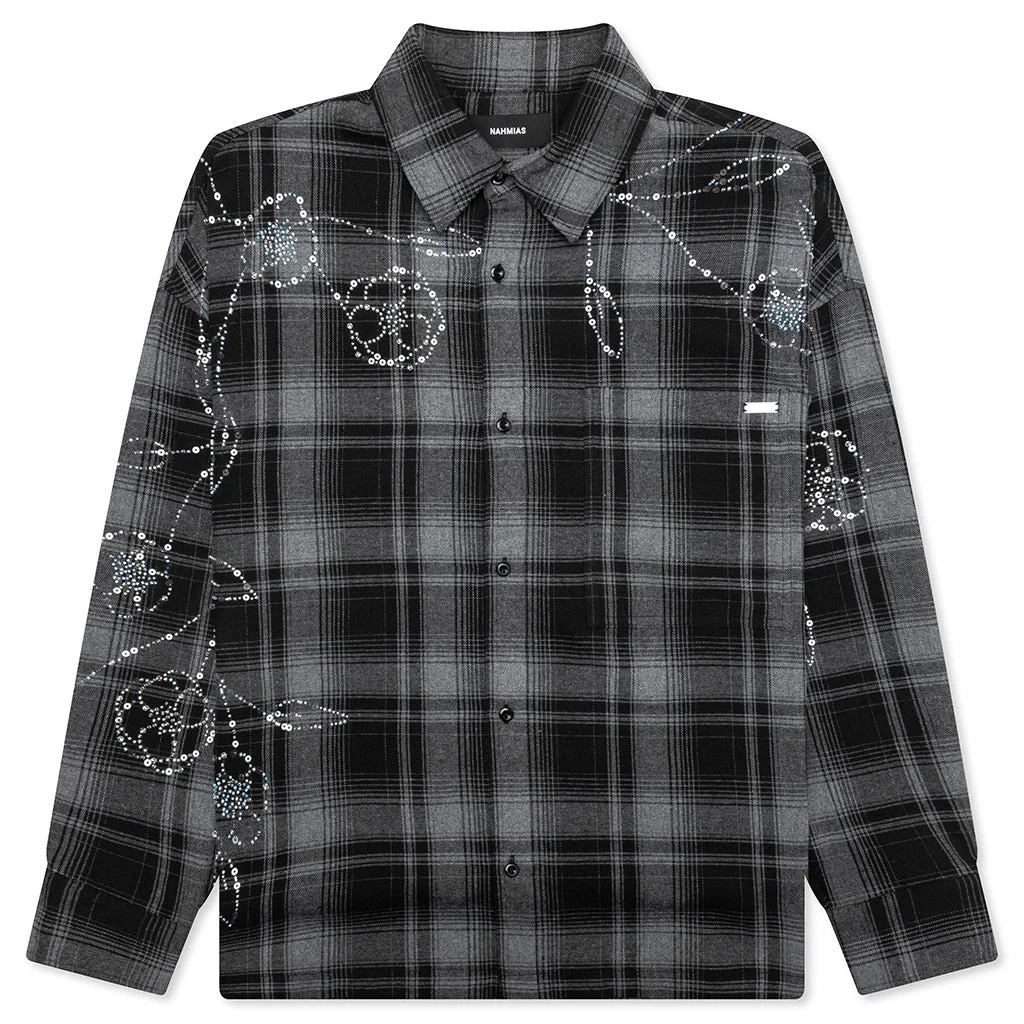 PLAID BEADED OVERSIZED SHIRT - BLACK - 1