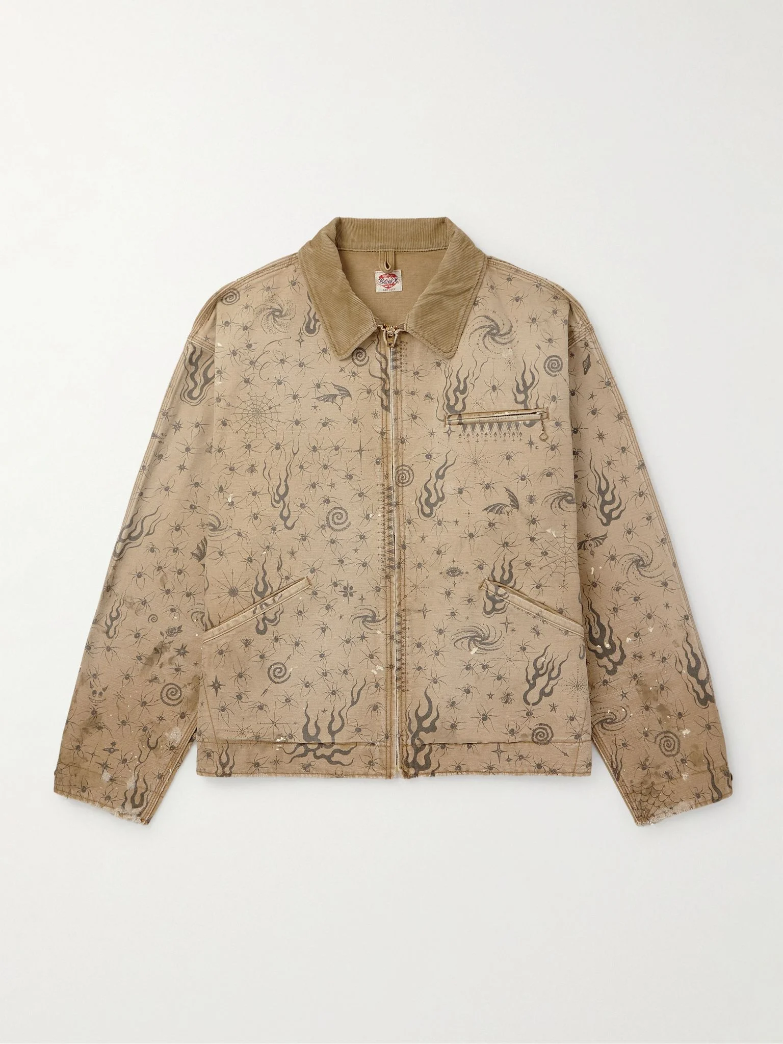 + Dr. Woo Corduroy-Trimmed Distressed Printed Cotton-Canvas Jacket Beige - 1