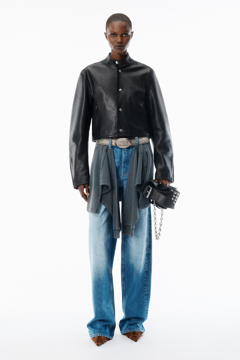 Alexander Wang Black Glossy Leather Cropped Moto Jacket outlook